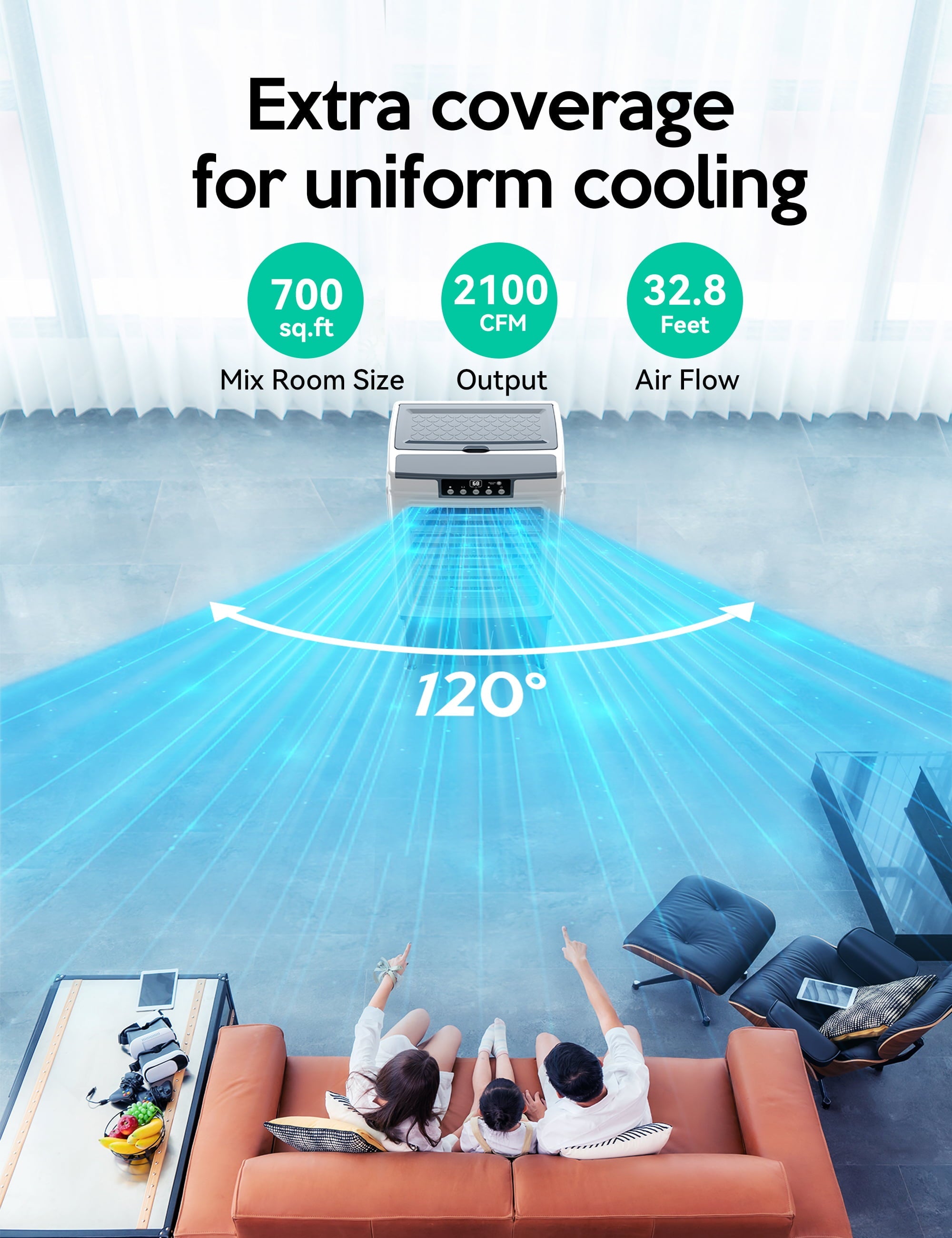 Evaporative Cooler, 2100CFM Air Cooler, 120°Oscillation Swamp Cooler with Remote Control, 24H Timer, 3 Wind Speeds for Outdoor Indoor Use, 7.9Gallon