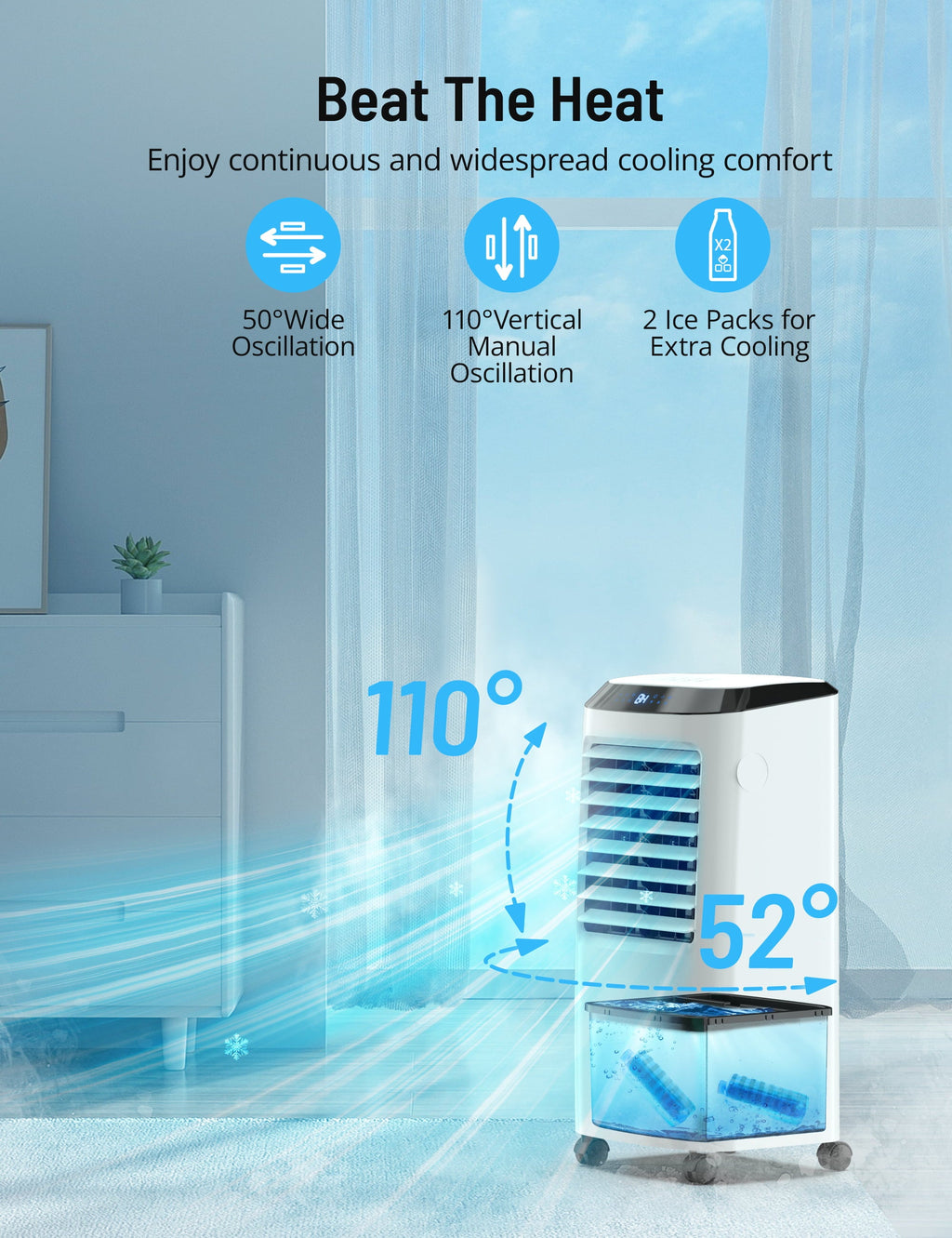 4-in-1 Evaporative Air Cooler, Portable Air Cooling Fan with Negative Ion, Swamp Cooler with Remote, LED Display, Quite, Casters for Home, Office