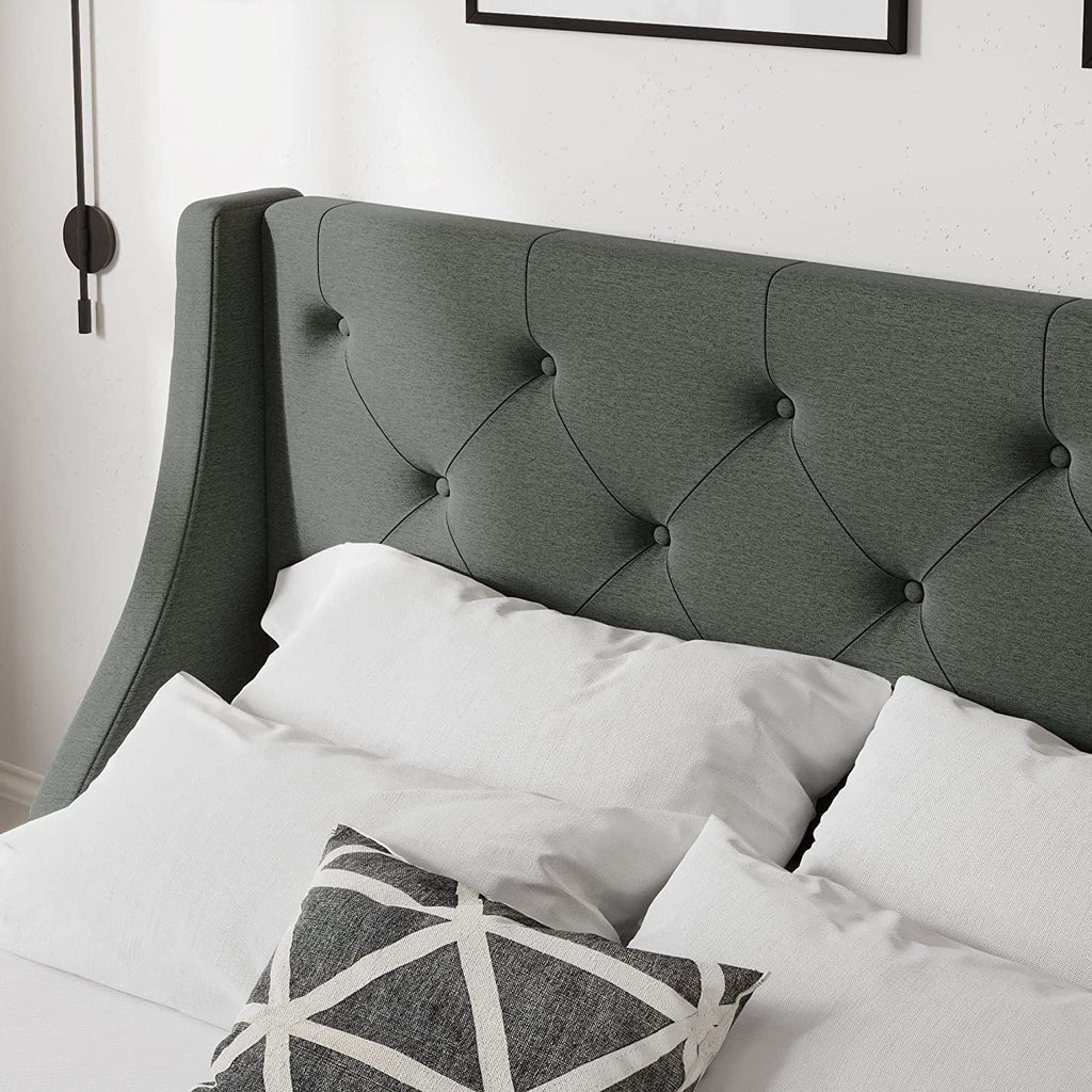 Allewie Queen Size Bed Frame with 4 Storage Drawers and Button Tufted & Wingback Headboard, Dark Grey