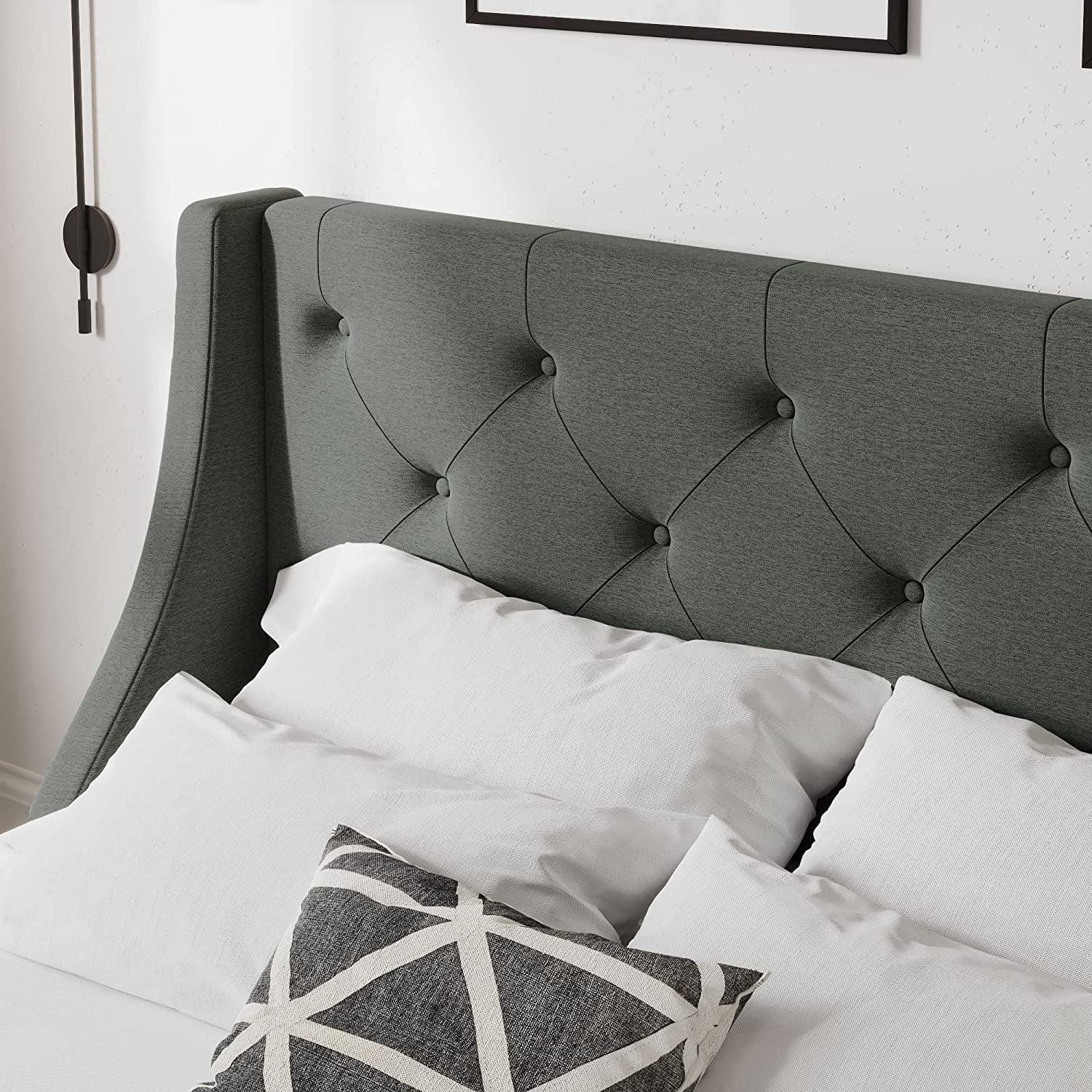 Allewie Queen Size Bed Frame with 4 Storage Drawers and Button Tufted & Wingback Headboard, Dark Grey