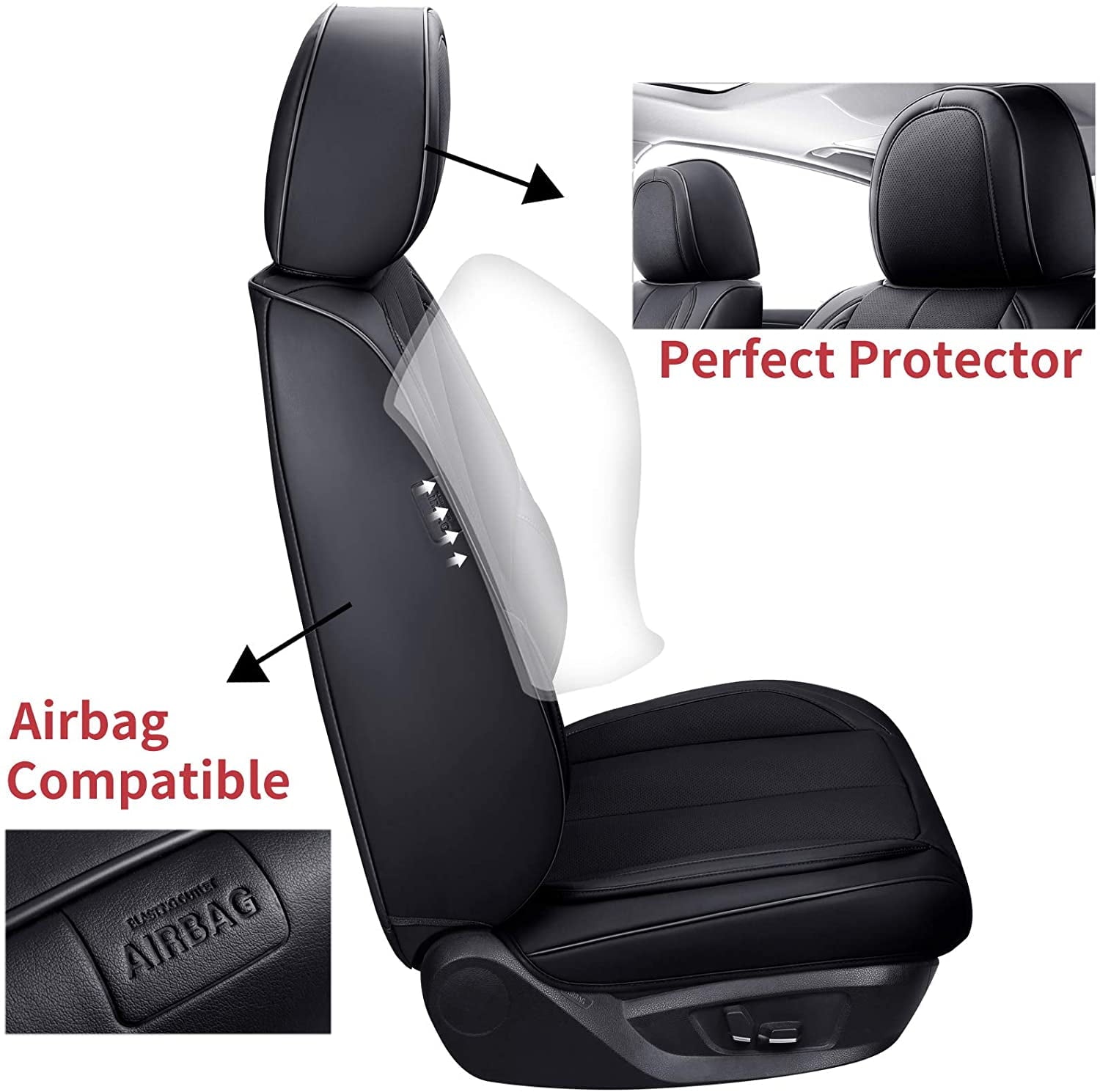 Coverado Front Seat Covers 6 Pieces, Waterproof Nappa Leather Car Seat Protectors Auto Interior, Universal Fit for Most Sedans SUV Pick-up Truck, Black