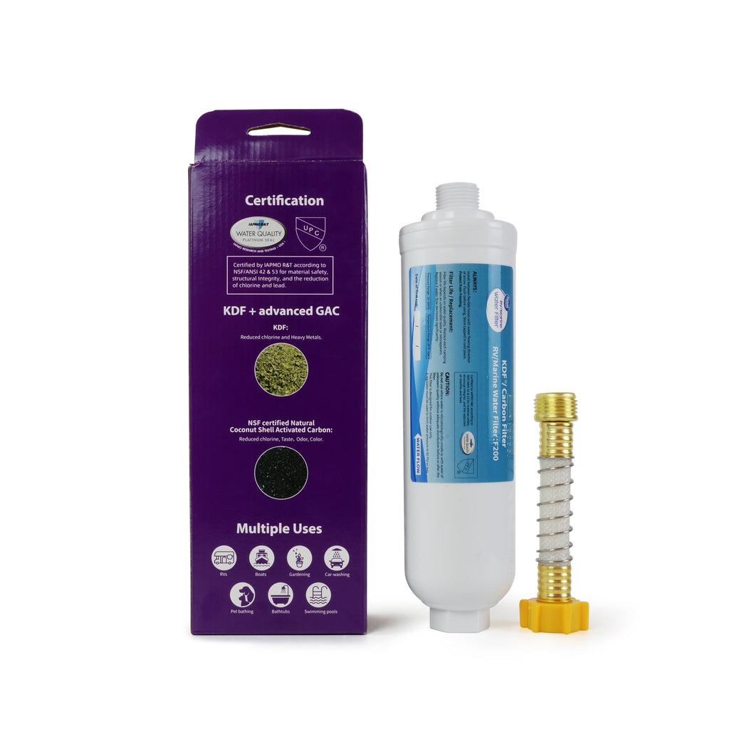 Great Value RV Water Filter 1 Pack for RV/Marine/Camping/Garden/Bathtub Use, With Flexible Hose, F200, Activated Carbon Block, White