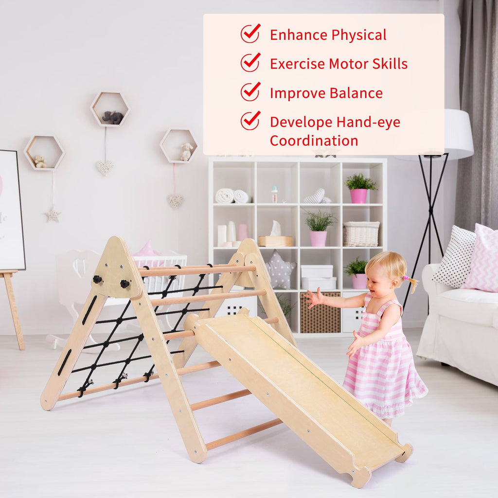 DSstyles Toddler Indoor Gym Playset, 2-in-1 Wooden Climbing Toys, Triangle Folding Climbing for Climbing & Sliding for Boys and Girls,18M+