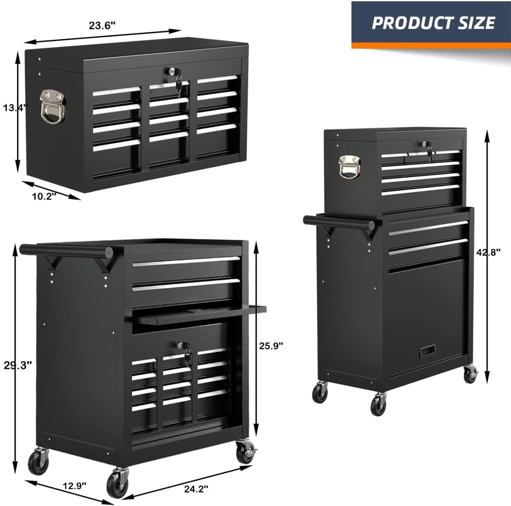 Seizeen 2-IN-1 Tool Chest & Cabinet, Large Capacity 8-Drawer Rolling Tool Box Organizer with Wheels Lockable, Black