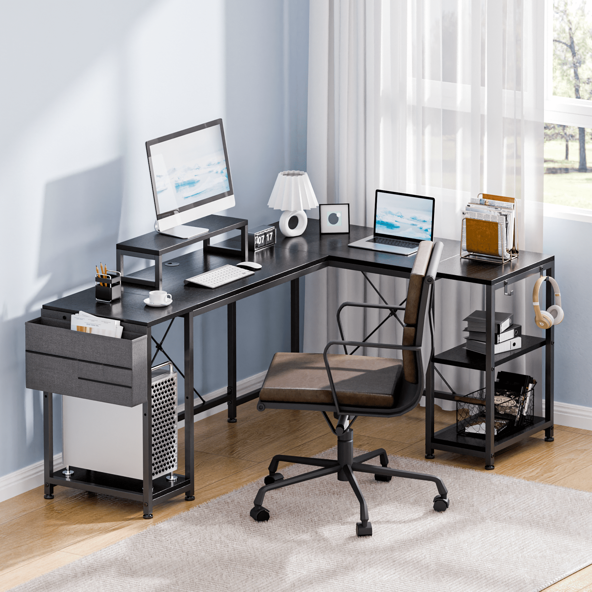 Lulive L-Shaped Computer Desk, 95" Reversible Computer Desk Office Desk with 3 Shelves/Monitor Stand/ Storage Bag/Hooks for Home Office, Black