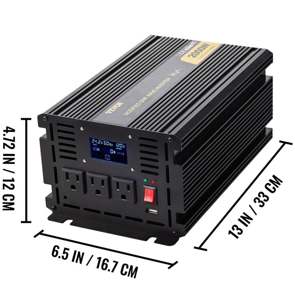 VEVOR Power Inverter 2000W Modified Sine Wave Inverter DC24V to AC120V Car Converter with USB Port LCD Display Remote Controller LED Indicator AC Outlets Inverter for Car RV Truck Boat Travel Camping