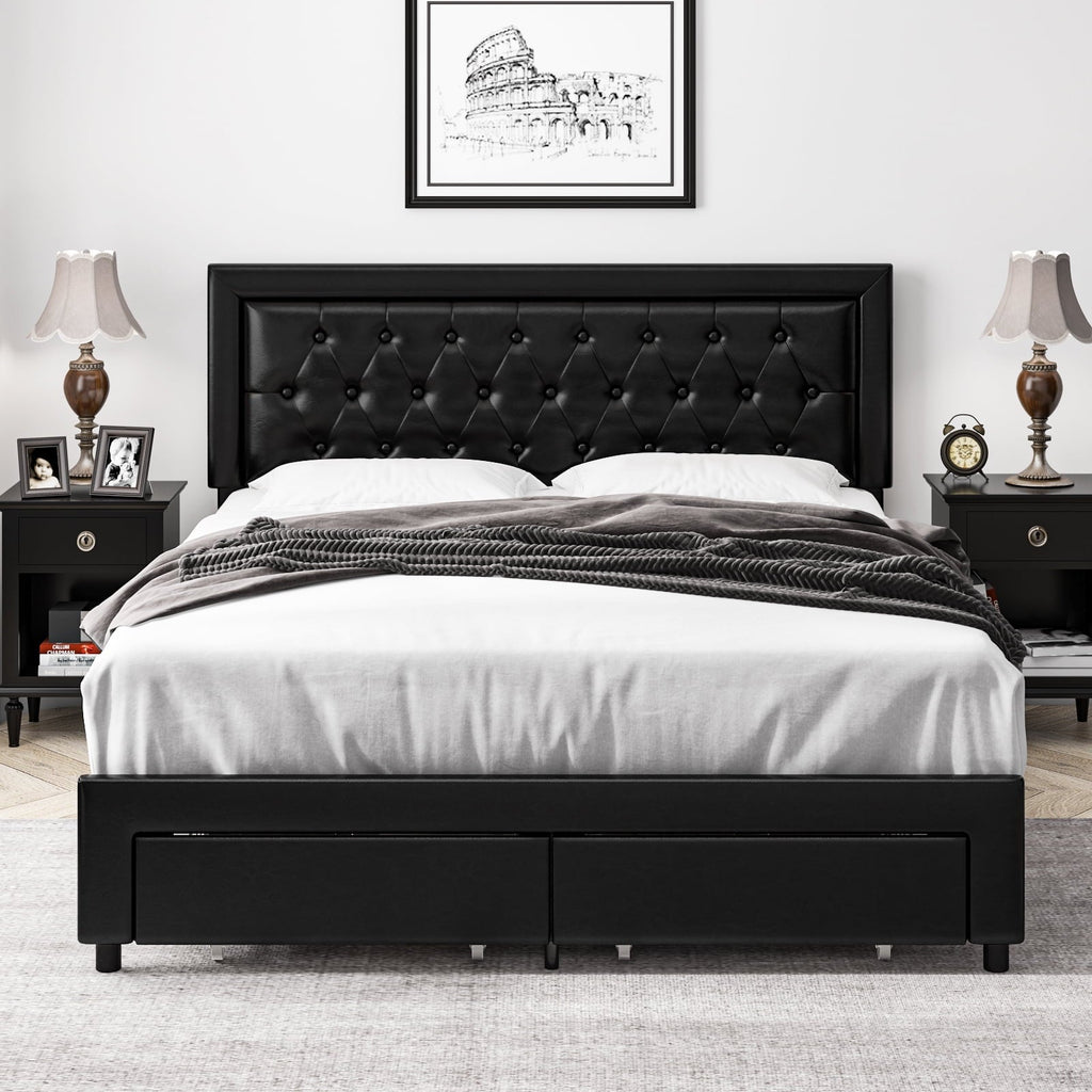 Homfa Full Size Bed Frame with Storage Drawers, PU Leather Upholstered Platform Bed with Adjustable Button Headboard, Black
