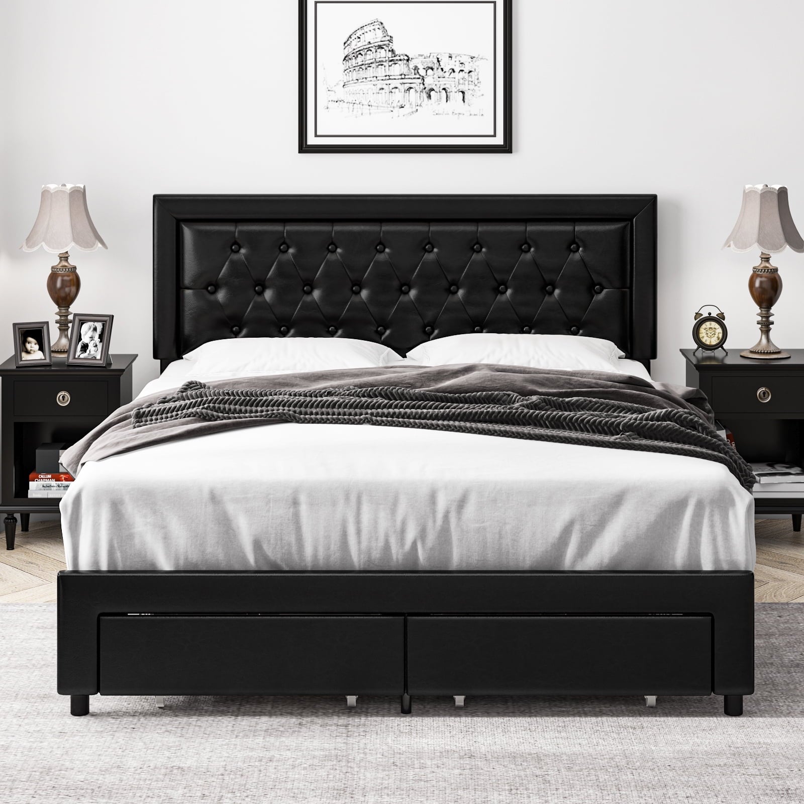 Homfa Full Size Bed Frame with Storage Drawers, PU Leather Upholstered Platform Bed with Adjustable Button Headboard, Black