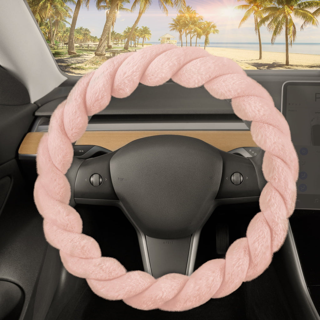 Carbella Twisted Fur Soft Pink Steering Wheel Cover, Standard 15 Inch Size Fits Most Vehicles, Fuzzy Fluffy Car Steering Cover with Soft Faux Fur Touch