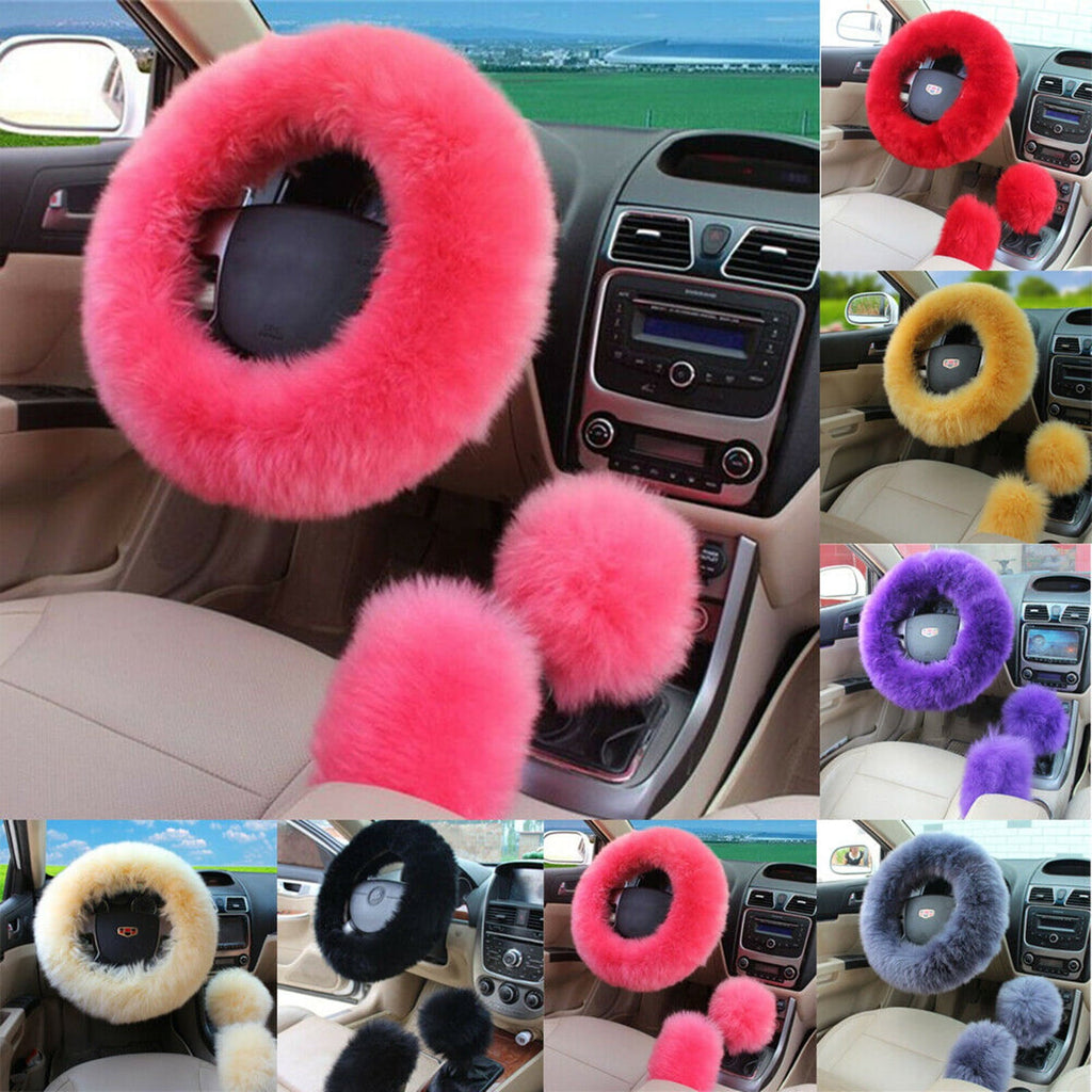 Carolily Finery New 3Pcs/Set Woolen Winter Warm Fuzzy Steering Wheel Cover Long Plush Handbrake Car Accessory