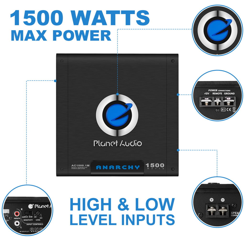 Planet Audio AC15001M 1500 Watt Monoblock A/B Car Audio Amplifier with Remote