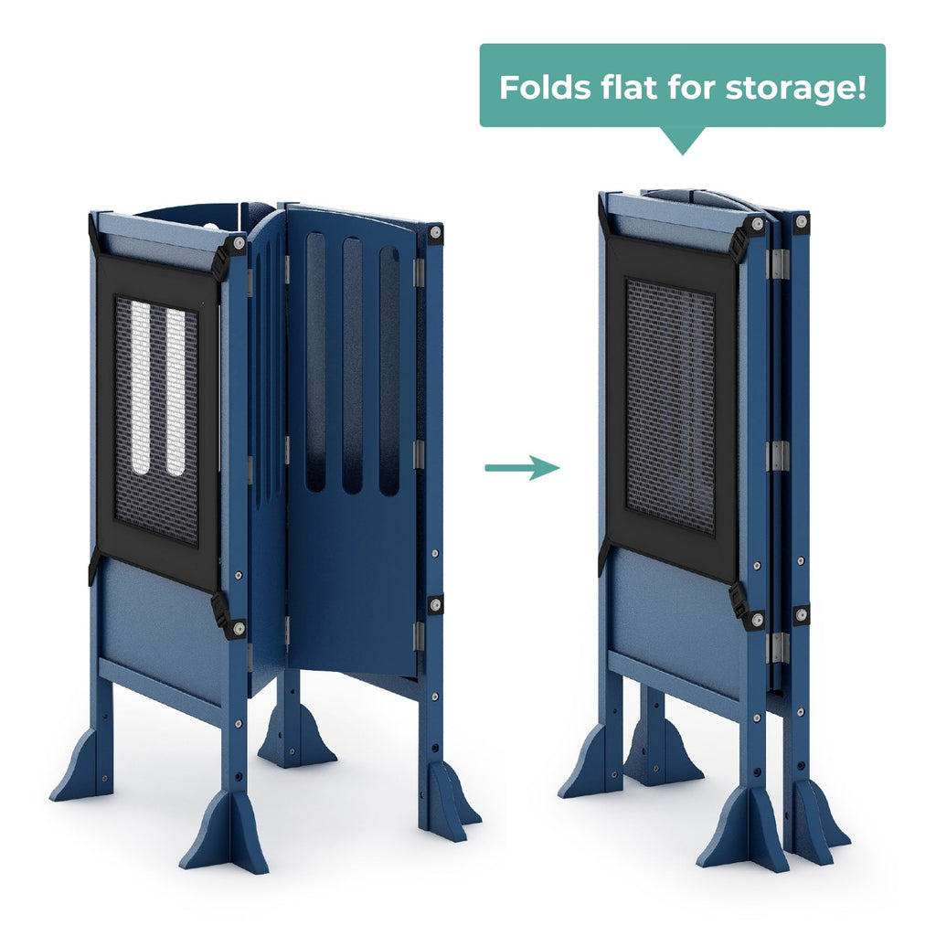 Guidecraft Contemporary Kitchen Helper® Stool - Royal Navy: Folding Toddler Safety Tower with 2 Keepers and Non-Slip Mat, Adjustable Height Step Stool for Little Helpers, Kids Learning Furniture
