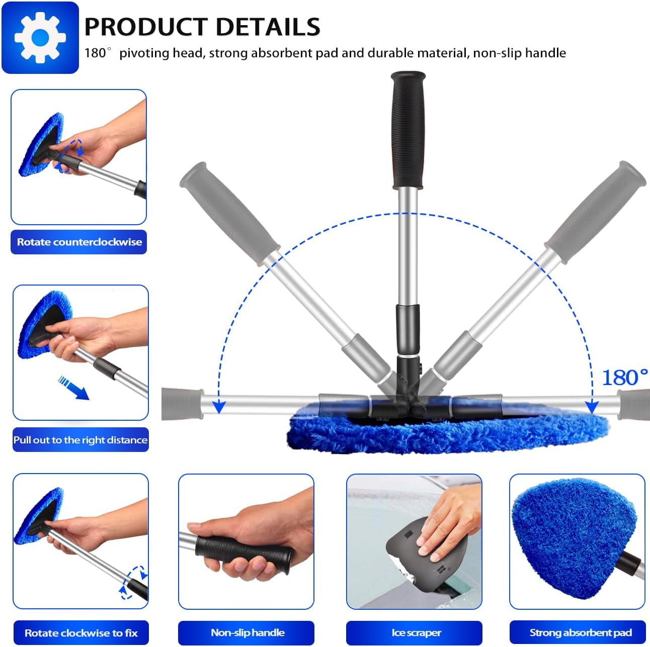 Walkfairy 25.6'' Extendable Longer Windshield Cleaning Tool, Stronger Absorbent Car Window Cleaner with 5 pcs Washable Pads and 2 pcs 60ml Spray Bottles Multifunctional Use Windshield Cleaner Tool Kit