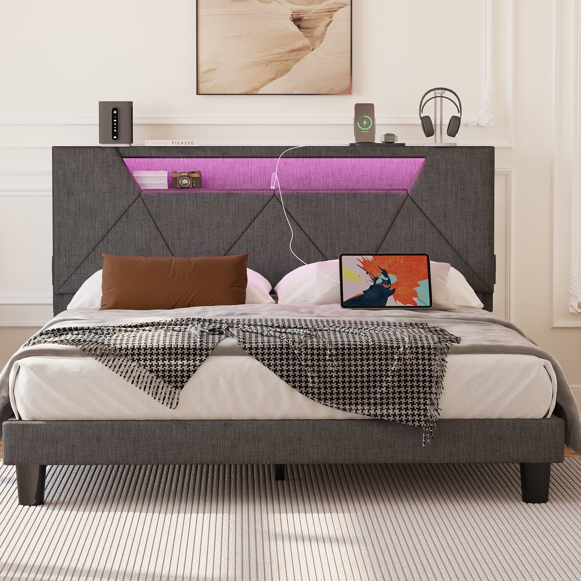 ANCTOR Queen Bed Frame with Storage Headboard & Charging Station for Adults,  Grey
