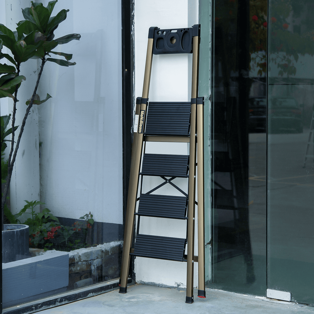 MoNiBloom 4 Step Ladder Folding Stool Heavy Duty 331Lbs Capacity Industrial Lightweight, Black/Gold