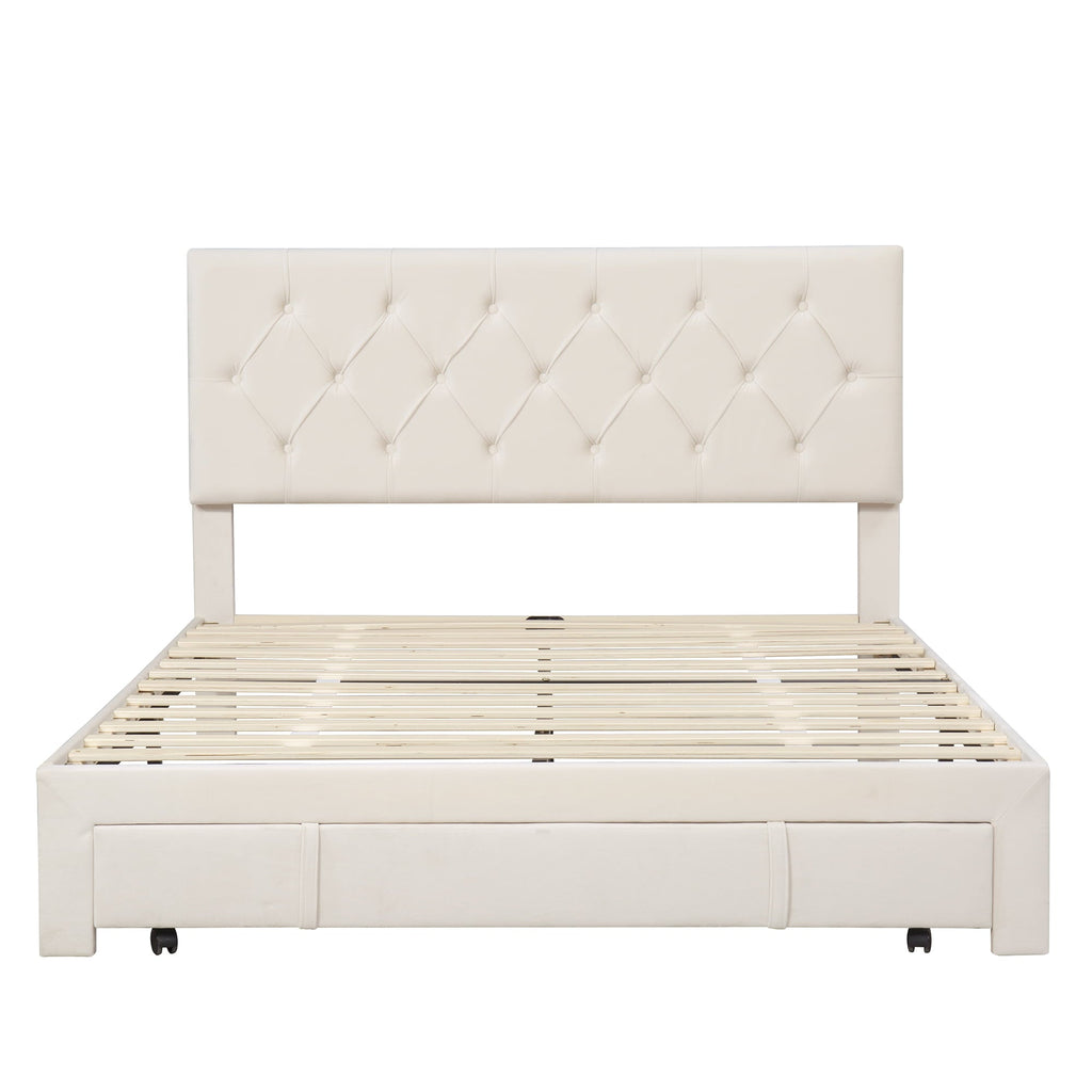 Queen Bed Frame with 1 Big Storage Drawer, Velvet Button Tufted Upholstered Platform Bed with Headboard for Teens Adults, Beige