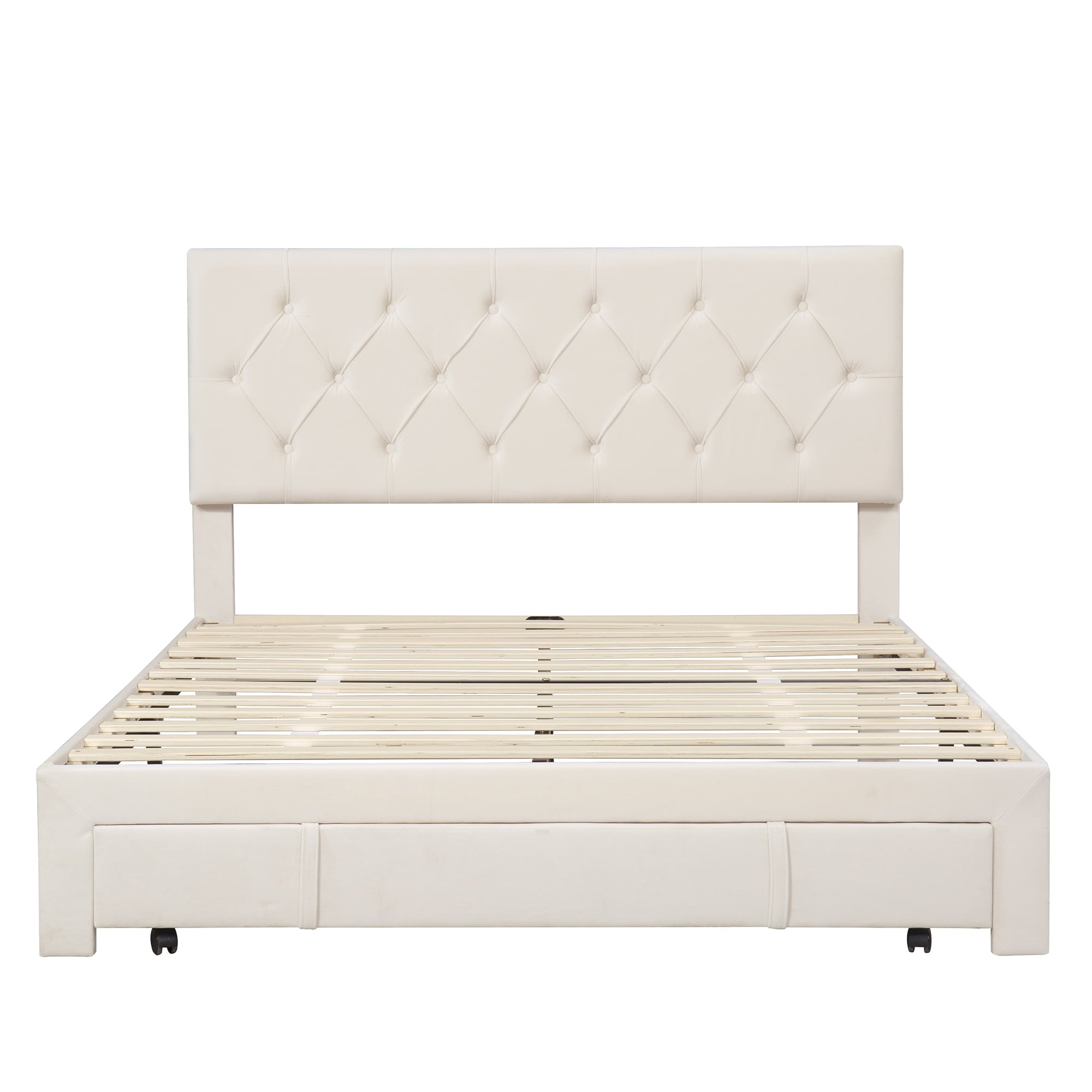 Queen Bed Frame with 1 Big Storage Drawer, Velvet Button Tufted Upholstered Platform Bed with Headboard for Teens Adults, Beige