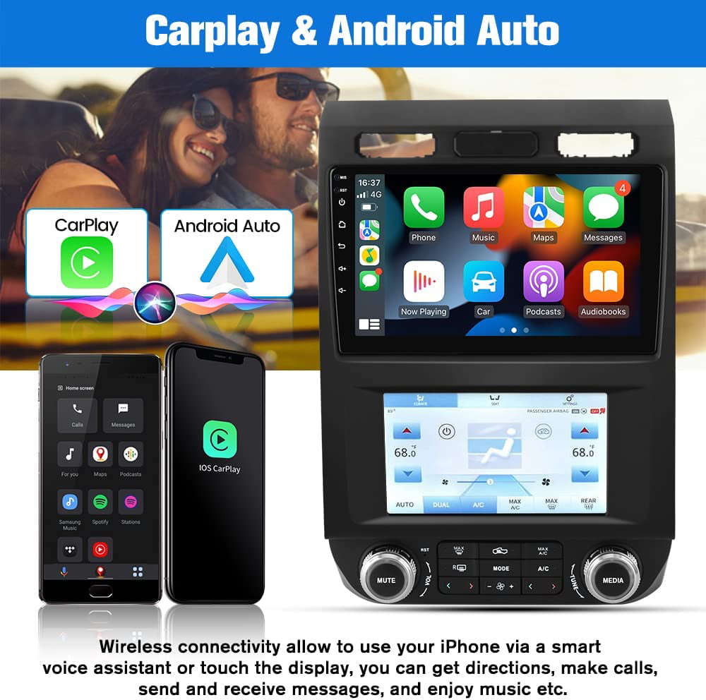 AWESAFE Dual Screen Car Radio Stereo for Ford F150 2015 2016 2017 2018 2019 2020 , Touch Screen Car Navigation with Digital AC Climate, Built in Carplay/Android Auto/4G WiFi (4G+64GB)