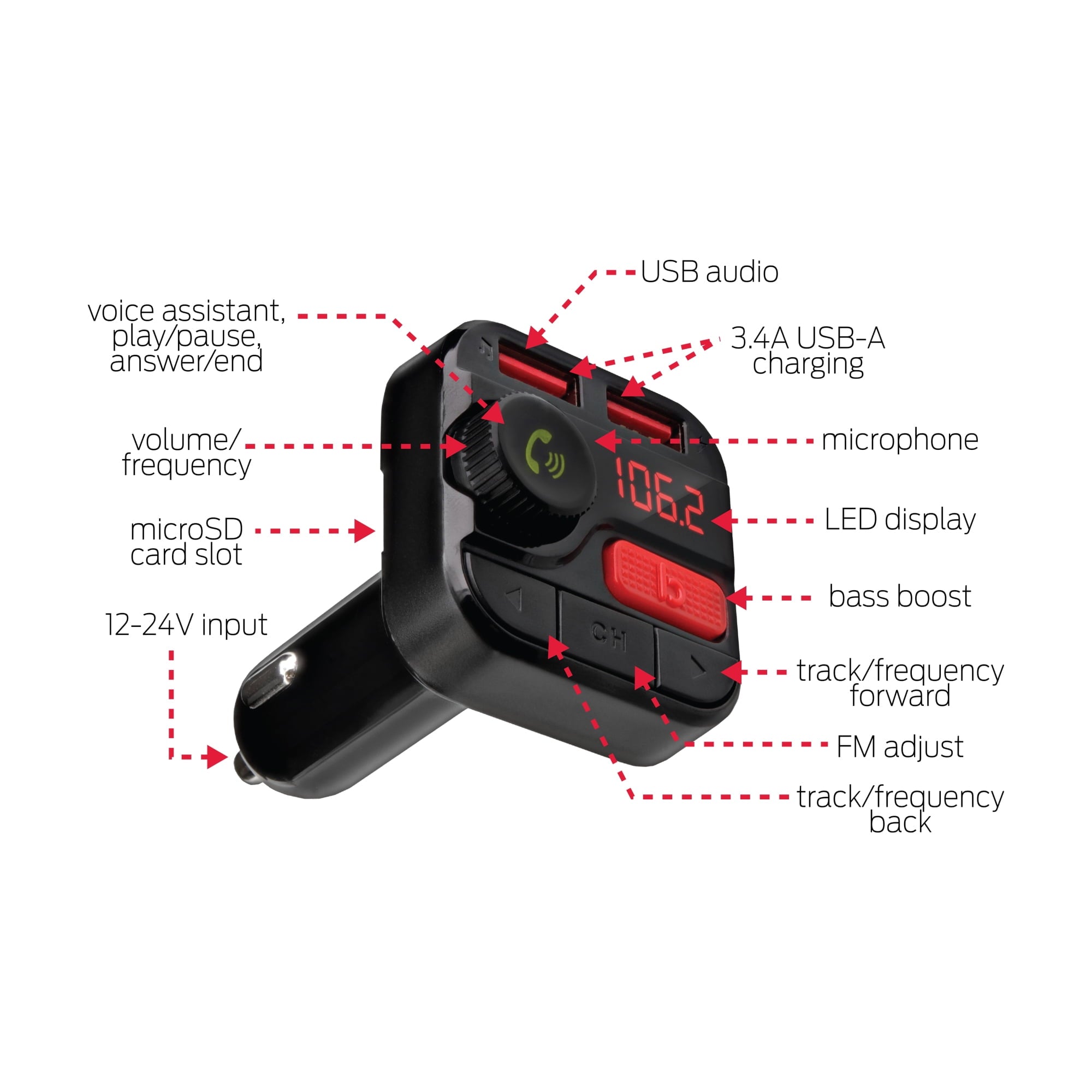 Monster LED Bluetooth FM Transmitter with 2 USB Ports, 3.4 Amp, 2 Charging Ports, Compatible USB Mobile Devices