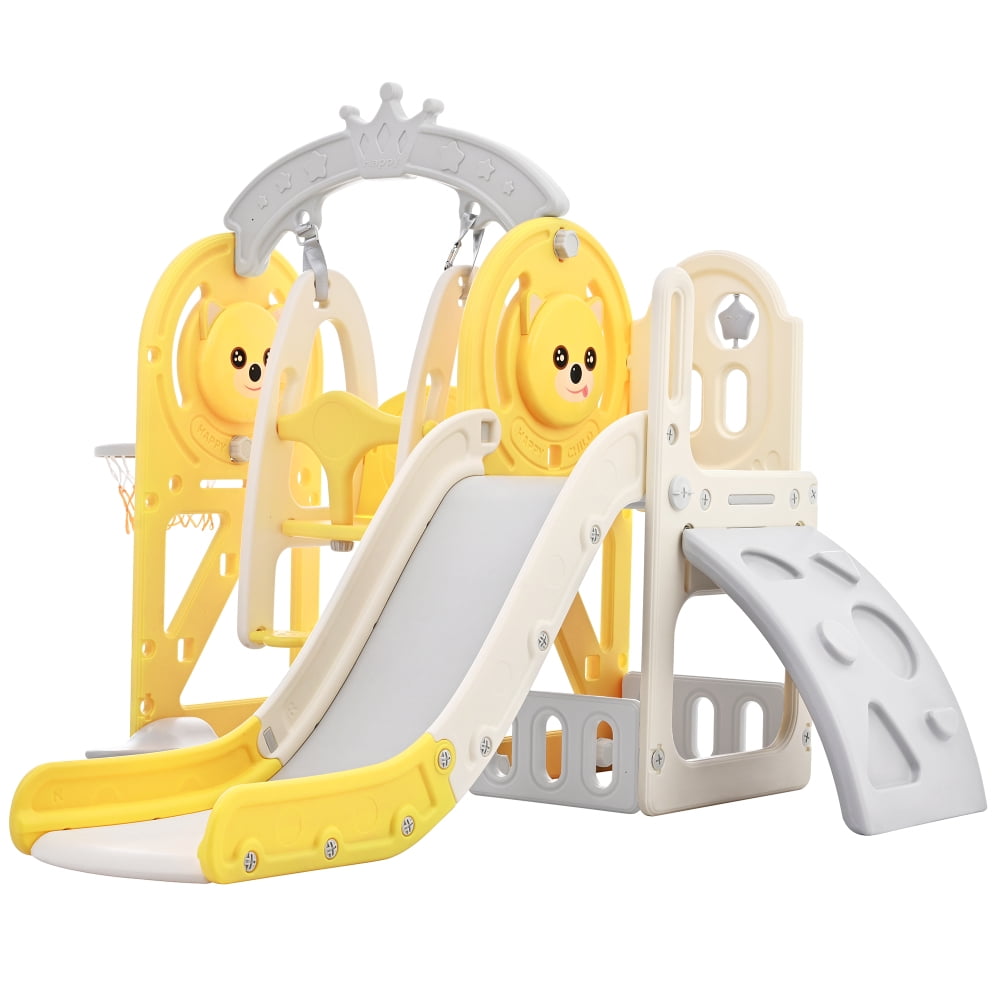 GERI 5 in 1 Toddler Slide, Climber Slide for Toddlers Age 1-5, Outdoor Indoor Playset for Toddlers with Basketball Hoo, Storage Space, Yellow