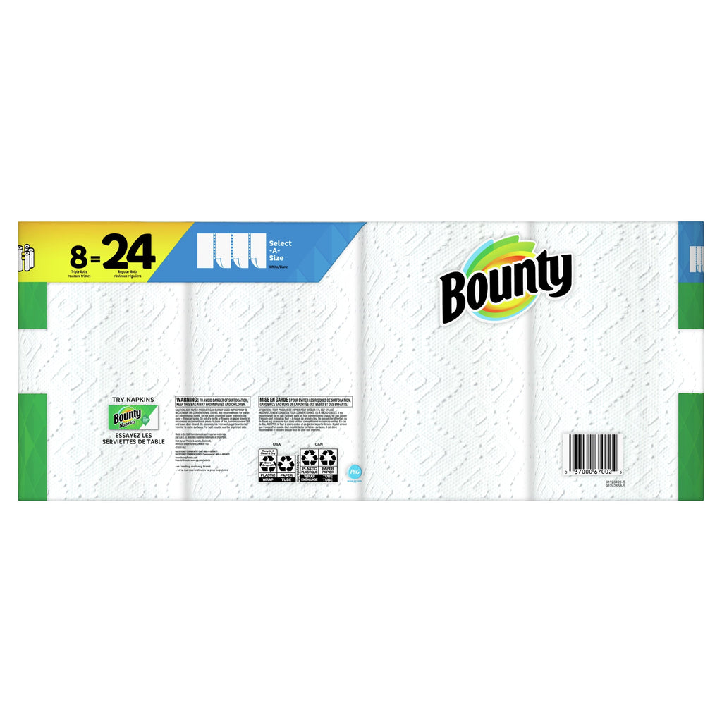 Bounty Select-A-Size Paper Towels, White, 8 Triple Rolls = 24 Regular Rolls, 8 Count