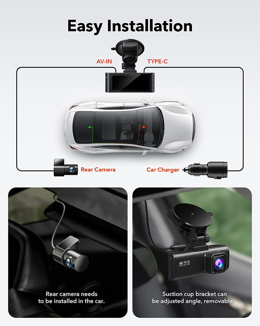 REDTIGER Dash Cam Front and Rear, 4K/2.5K Full HD Dash Camera with 3.18'' LCD Display, Dashcam with Night Vision, G-Sensor, Loop Recording, WDR, Free 32GB SD Card