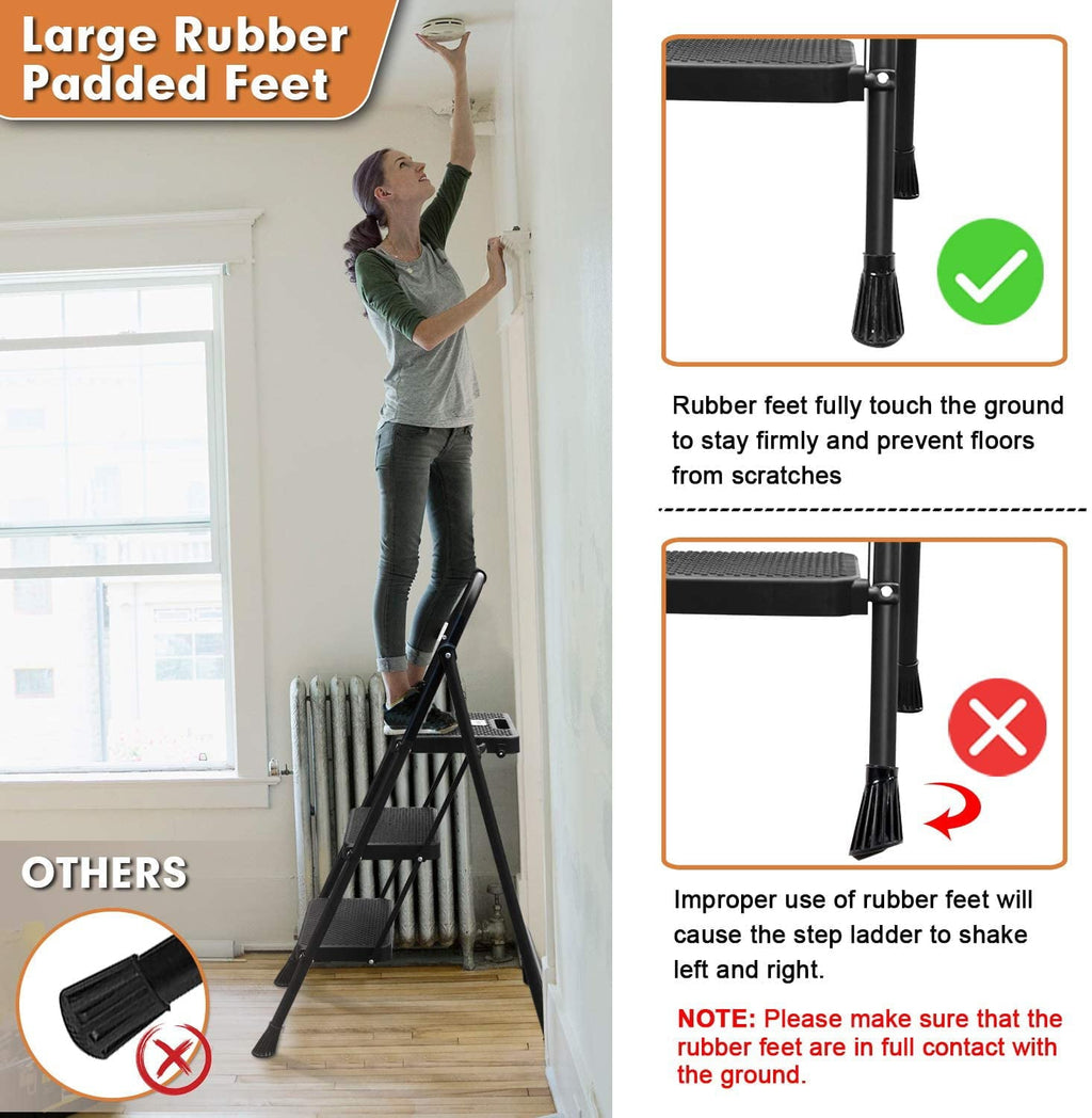 HBTower Folding 3-Step Stool Ladder, 500lbs, with Wide Anti-Slip Pedal and Steel Handgrip, Black