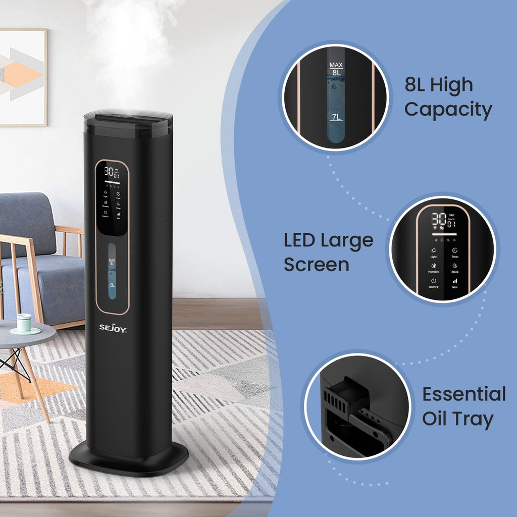 Sejoy Humidifiers for Bedroom Large Room Home，2.1GAL/8L Top Fill Floor Ultrasonic Humidifiers with 3 Mist Speed,Remote,Quiet Humidification for Plants and Baby Infant,Black