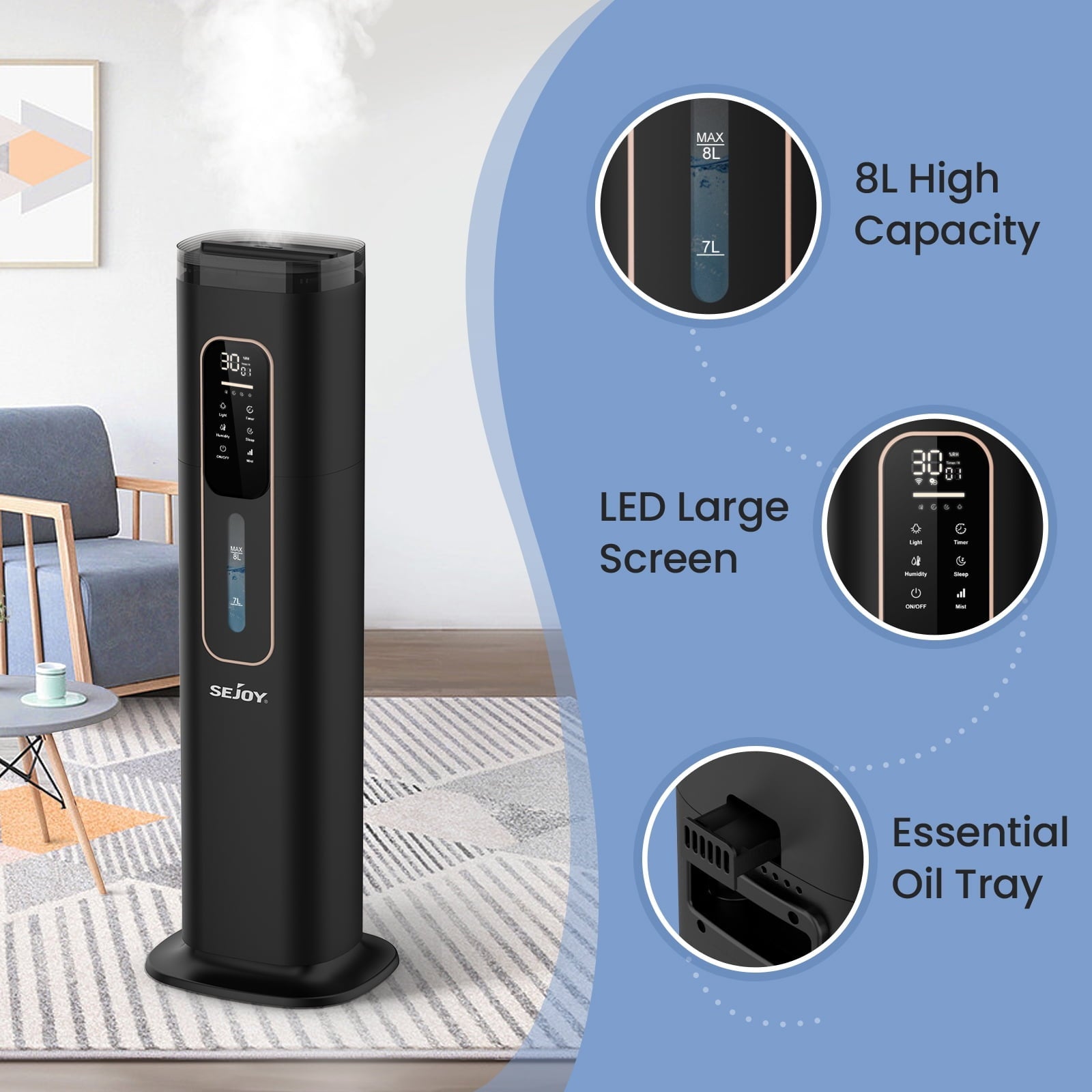 Sejoy Humidifiers for Bedroom Large Room Home，2.1GAL/8L Top Fill Floor Ultrasonic Humidifiers with 3 Mist Speed,Remote,Quiet Humidification for Plants and Baby Infant,Black