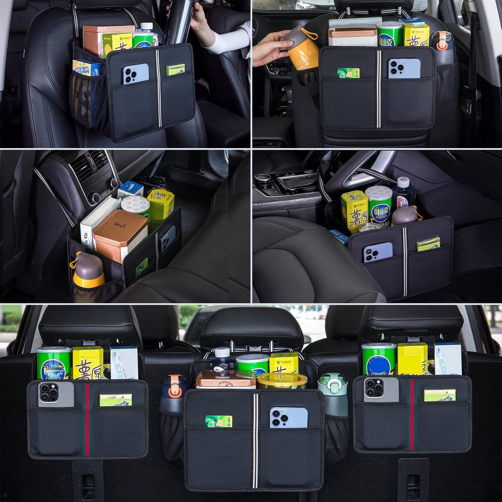 Uplien Car Seat Back Organizer and Storage, Premium PU Leather Hanging Backseat Car Organizer, Ultra-Durable Foldable - Black 11.42" x 9.85"