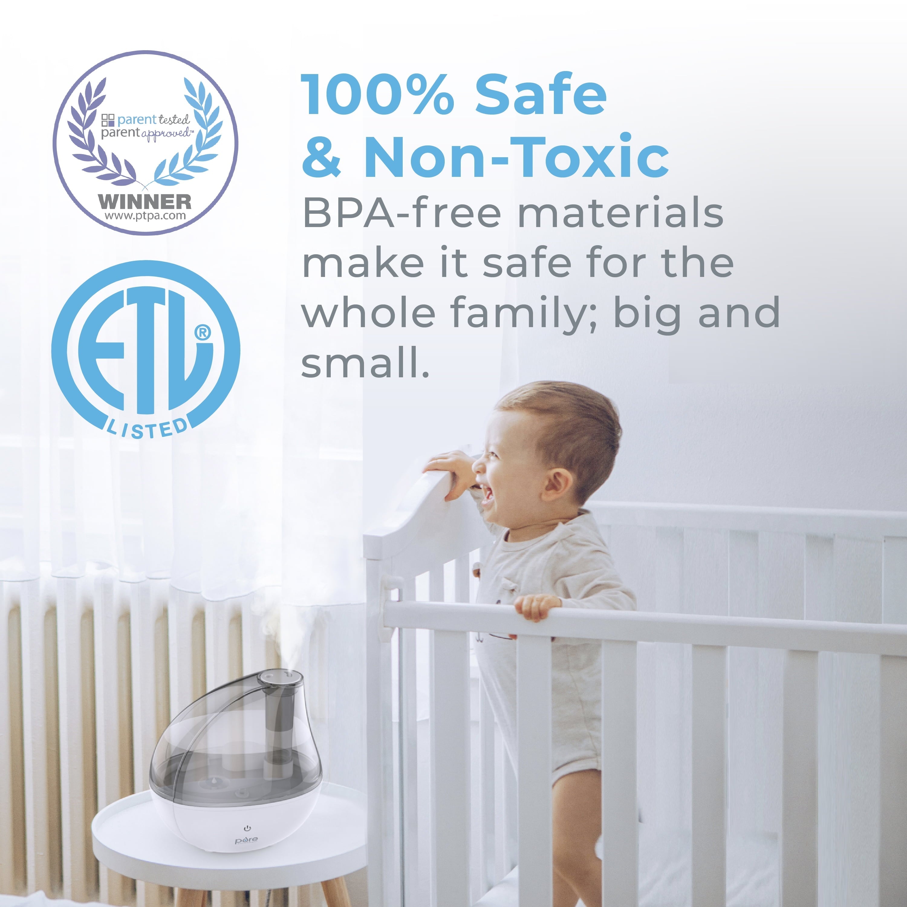 Pure Enrichment® MistAire™ Silver Ultrasonic Cool Mist Humidifier - Lasts Up to 25 Hours, Whisper-Quiet Overnight Operation, 360° Mist Nozzle, Easy-Fill Tank, & Auto Safety Shut-Off