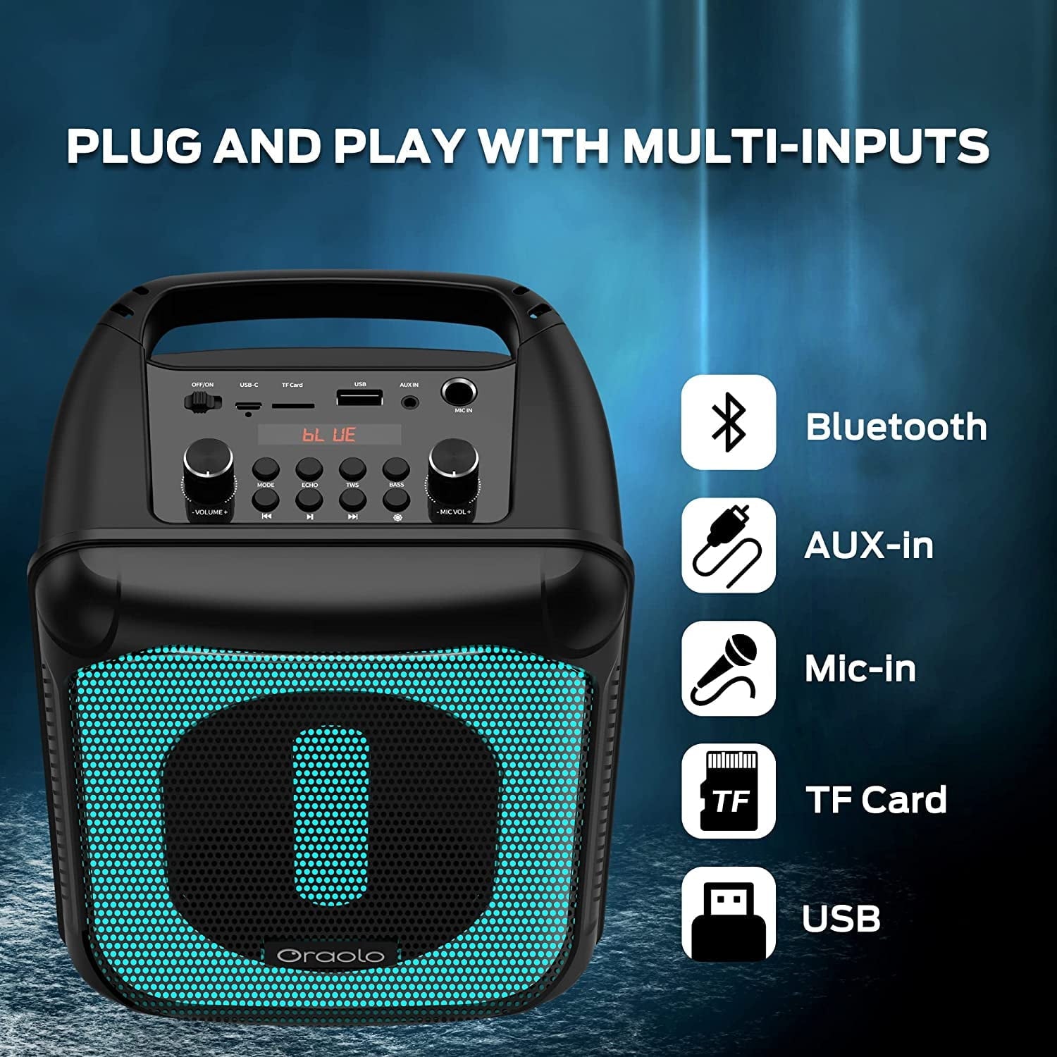 Bluetooth Speaker Wireless with Lights, Oraolo Roller Loud Bluetooth Speaker 40W Portable Speaker, Wireless Outdoor Speakers TWS Pairing for Outdoor 24H Playtime, Built-in Mic, Support TF Card USB AUX