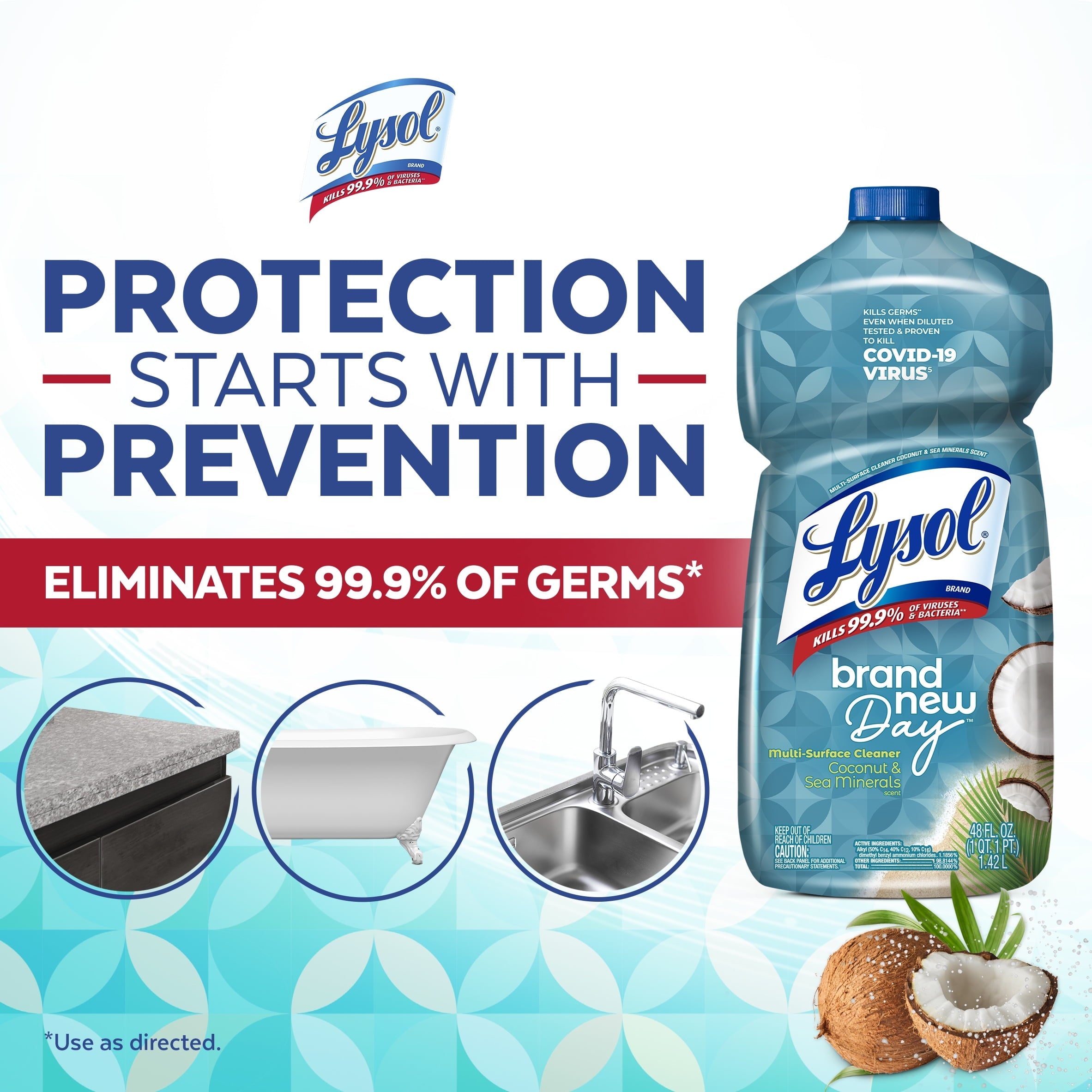 Lysol Multi-Surface Cleaner, Sanitizing and Disinfecting Pour, to Clean and Deodorize, Coconut & Sea Minerals, 48 Fl Oz