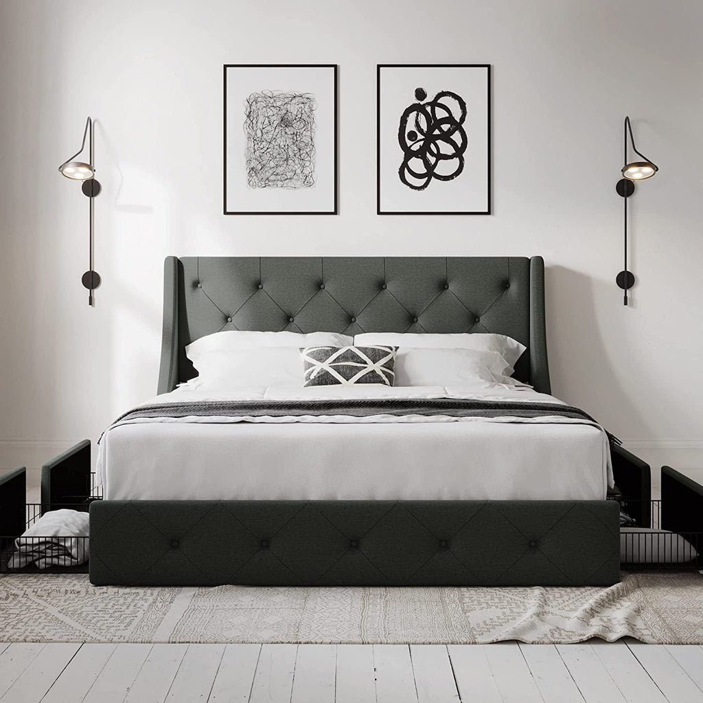 Allewie Queen Size Bed Frame with 4 Storage Drawers and Button Tufted & Wingback Headboard, Dark Grey