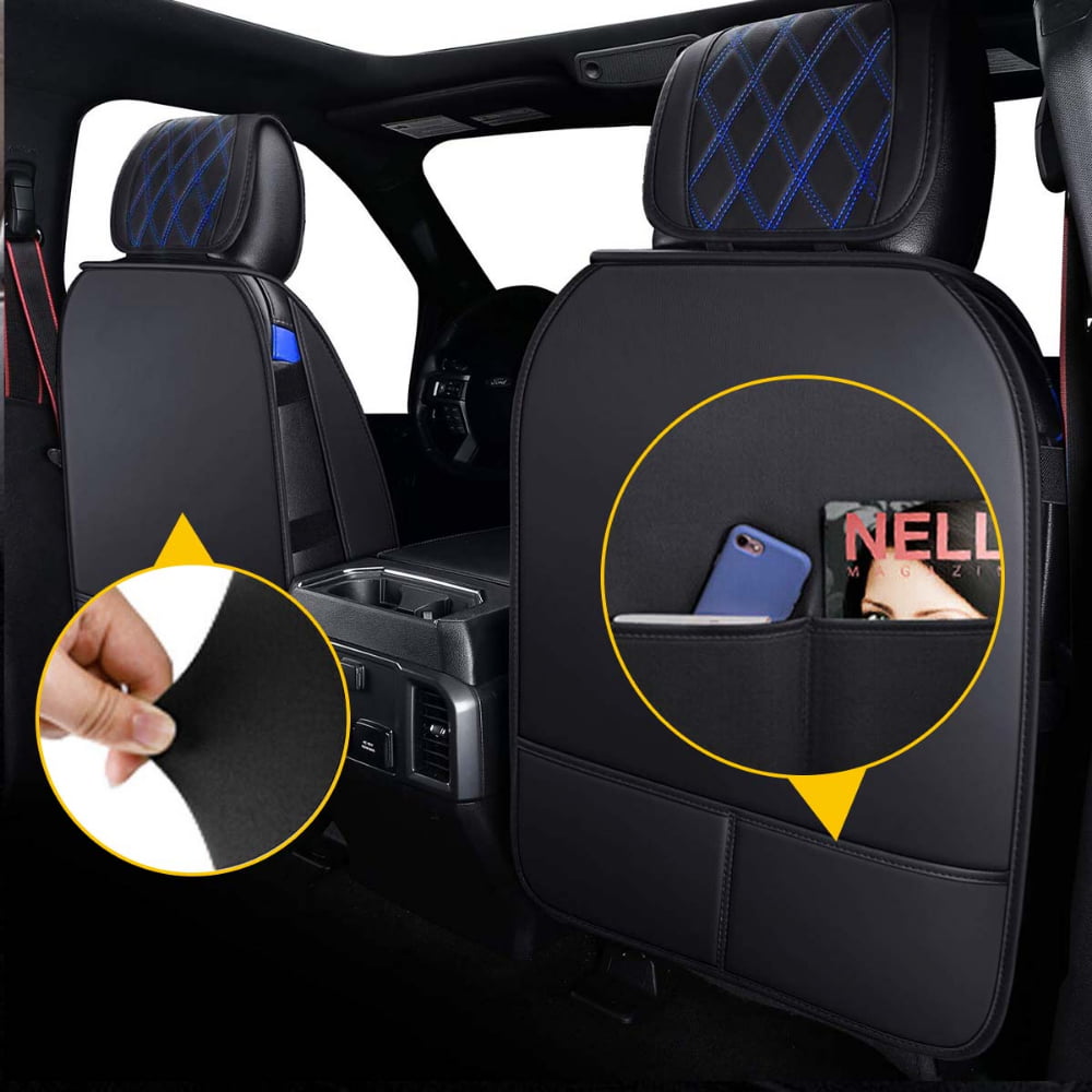 Car Seat Covers Full Set with Waterproof Leather Fit for 2009 to 2023 Ford F150 and 2017 to 2023 F250 F350 F450,Double,Extended Cab or Pickup Truck(Full Set, Black-Blue)