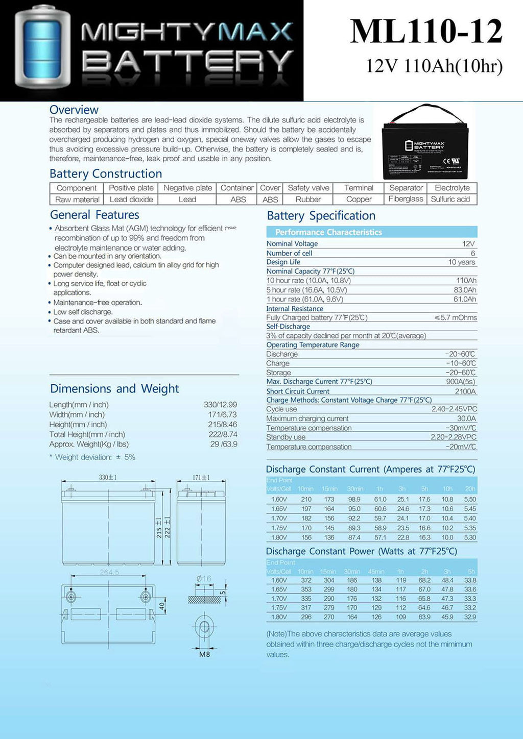 12V 110AH SLA Battery Replacement for RV Recreational