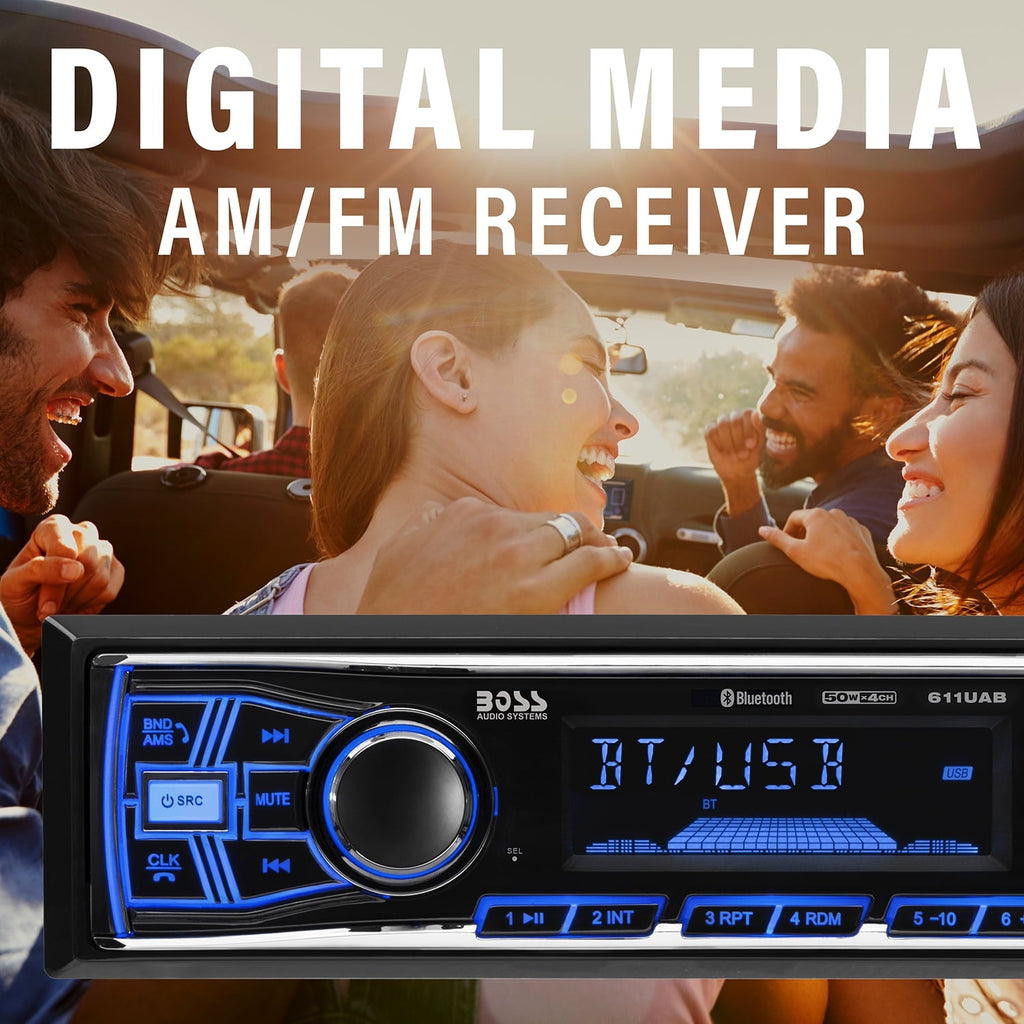 BOSS Audio Systems 611UAB Car Audio Stereo System - Single Din, Bluetooth Audio and Calling Head Unit, Aux Input, USB, Mechless, No CD/DVD Player, AM/FM Radio Receiver, Hook up to Amplifier