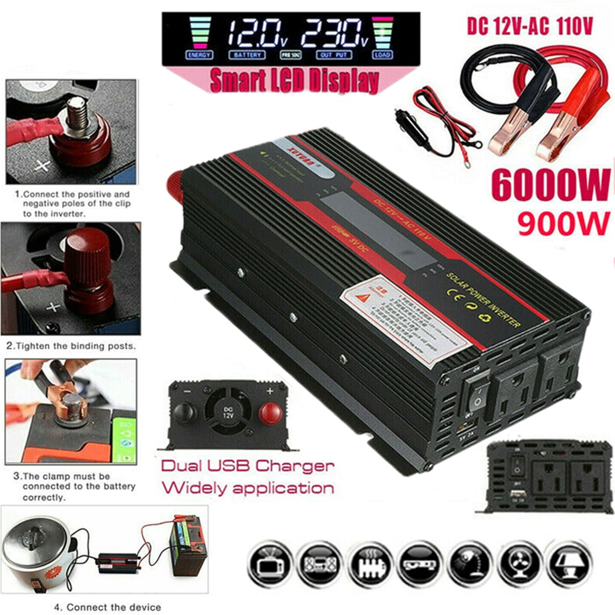 "Car Inverter 6000W, DC 12V to AC 110V Power Inverter with Dual Smart USB Ports Car Adapter Pure Sine Wave Power Voltage Transformer Converter"