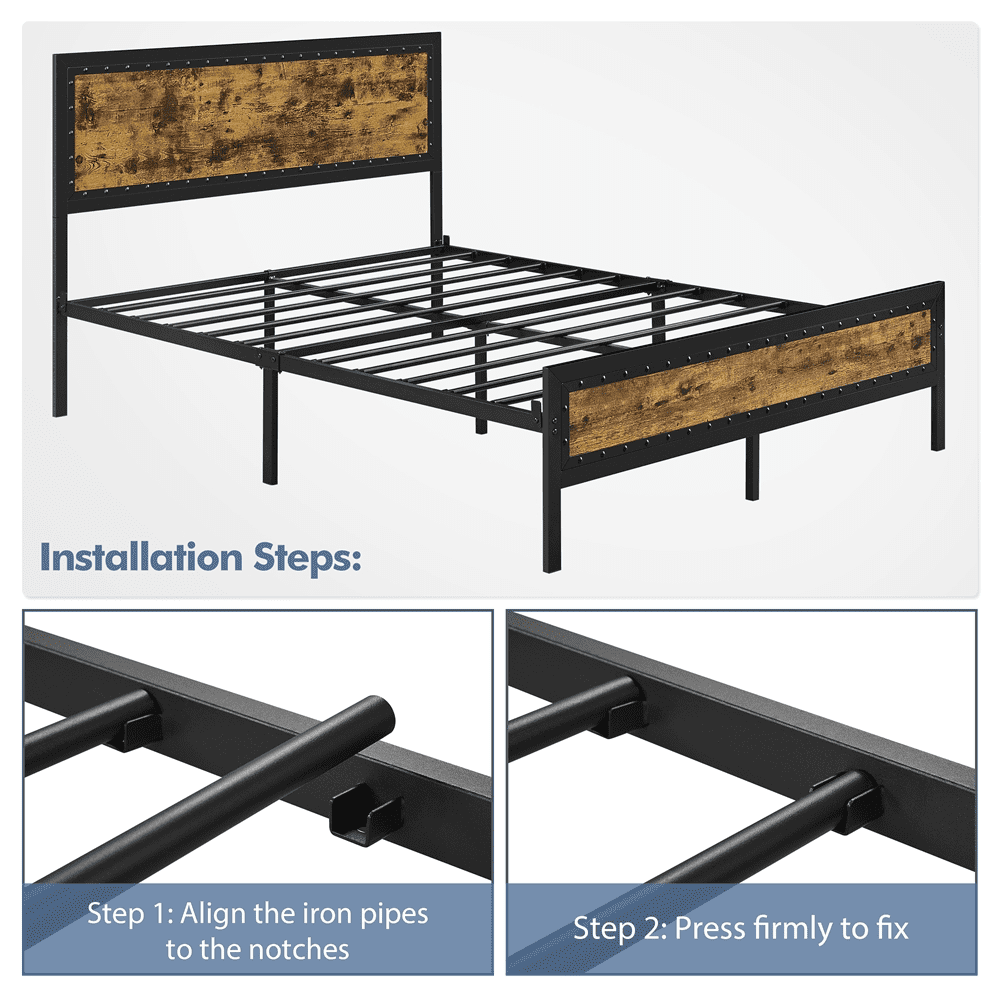 Topeakmart Industrial Metal Bed Frame with Wooden Headboard and Footboard, Queen Size, Rustic Brown