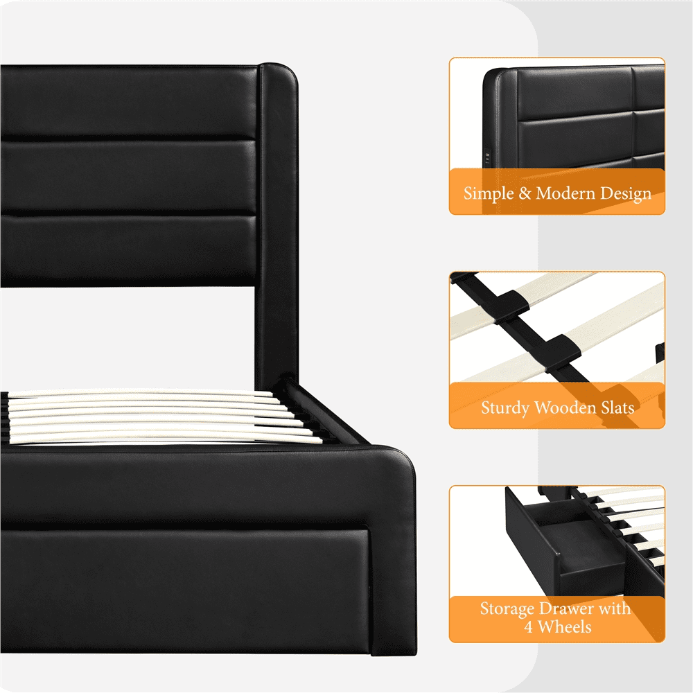 Easyfashion Upholstered Platform Queen Bed with 3 Storage Drawers and Built-in USB Ports, Black