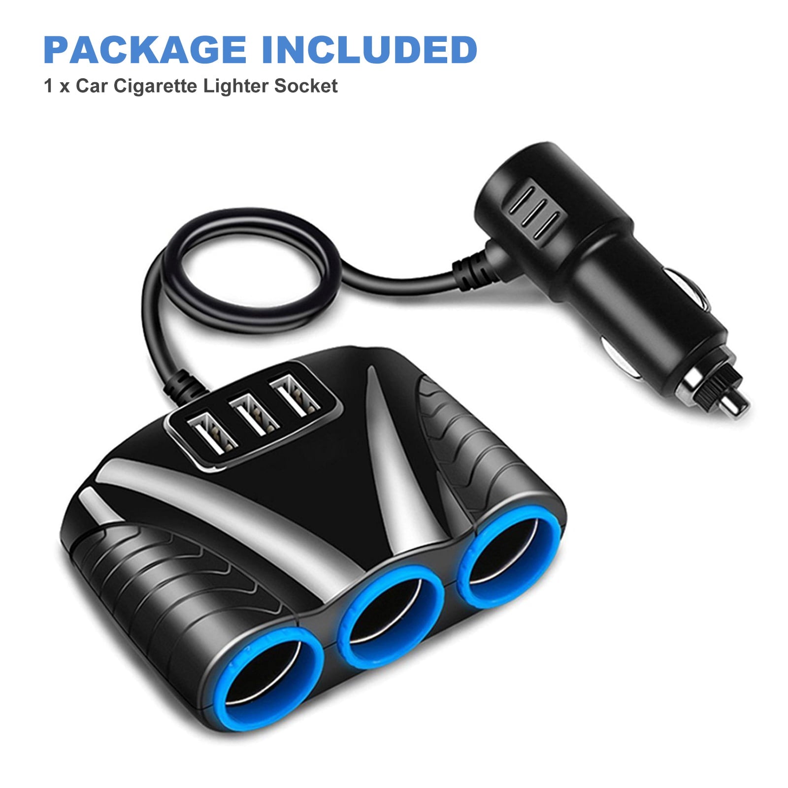 120W 3-Socket 3 USB Charging Port Cigarette Lighter Splitter, EEEkit Car Charger Power Adapter with Blue LED Light, DC 12V/24V Multi-Power Outlet Fit for GPS, Dash Cam, Smart Phones, iPad