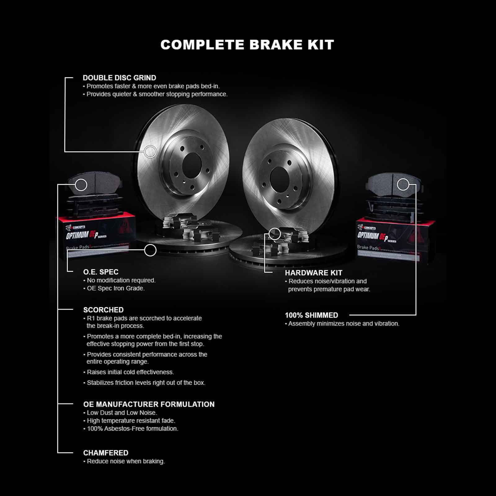 R1 Concepts Front Rear Brakes and Rotors Kit |Front Rear Brake Pads| Brake Rotors and Pads| Optimum OEp Brake Pads and Rotors |Hardware Kit WFUH2-59053