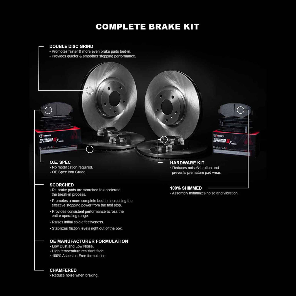R1 Concepts Front Rear Brakes and Rotors Kit |Front Rear Brake Pads| Brake Rotors and Pads| Optimum OEp Brake Pads and Rotors |Hardware Kit WFUH2-45013
