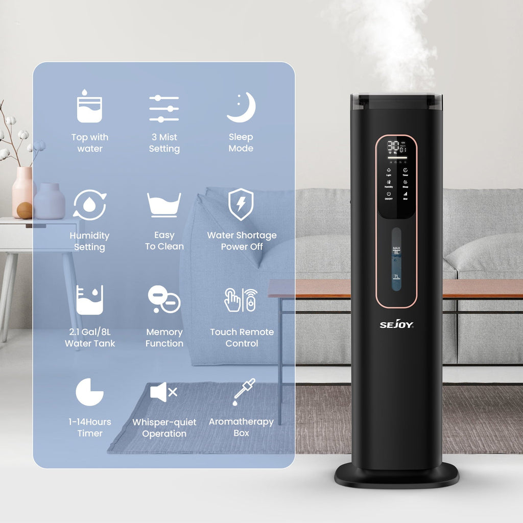 Sejoy Humidifiers for Bedroom Large Room Home，2.1GAL/8L Top Fill Floor Ultrasonic Humidifiers with 3 Mist Speed,Remote,Quiet Humidification for Plants and Baby Infant,Black