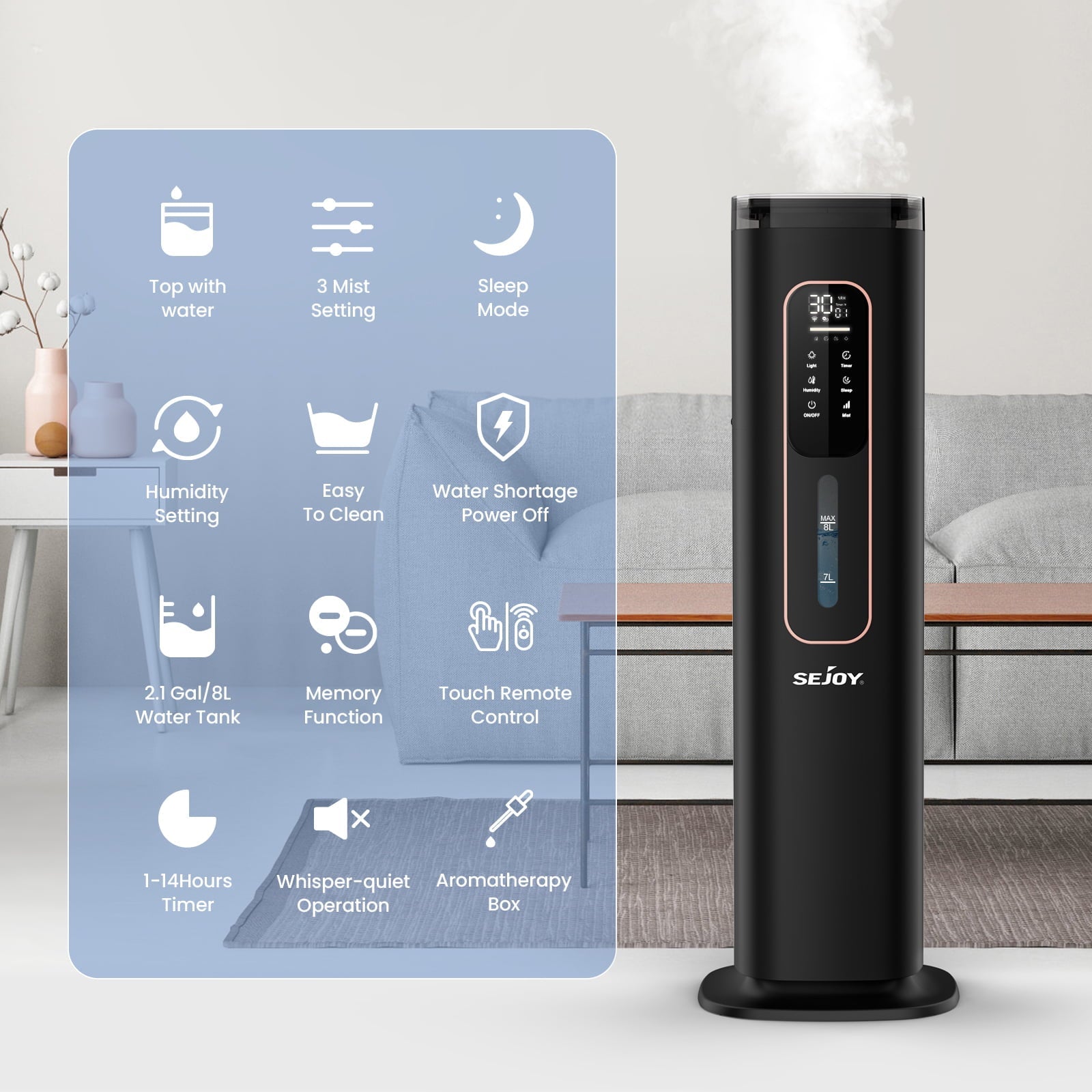 Sejoy Humidifiers for Bedroom Large Room Home，2.1GAL/8L Top Fill Floor Ultrasonic Humidifiers with 3 Mist Speed,Remote,Quiet Humidification for Plants and Baby Infant,Black