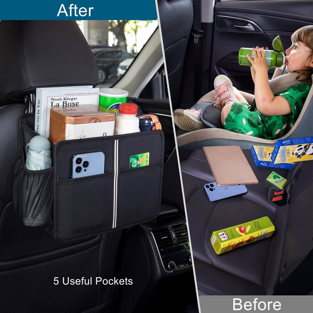 Uplien Car Seat Back Organizer and Storage, Premium PU Leather Hanging Backseat Car Organizer, Ultra-Durable Foldable - Black 11.42" x 9.85"