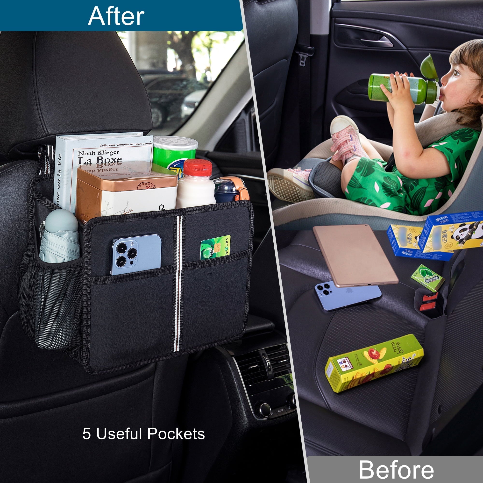 Uplien Car Seat Back Organizer and Storage, Premium PU Leather Hanging Backseat Car Organizer, Ultra-Durable Foldable - Black 11.42" x 9.85"