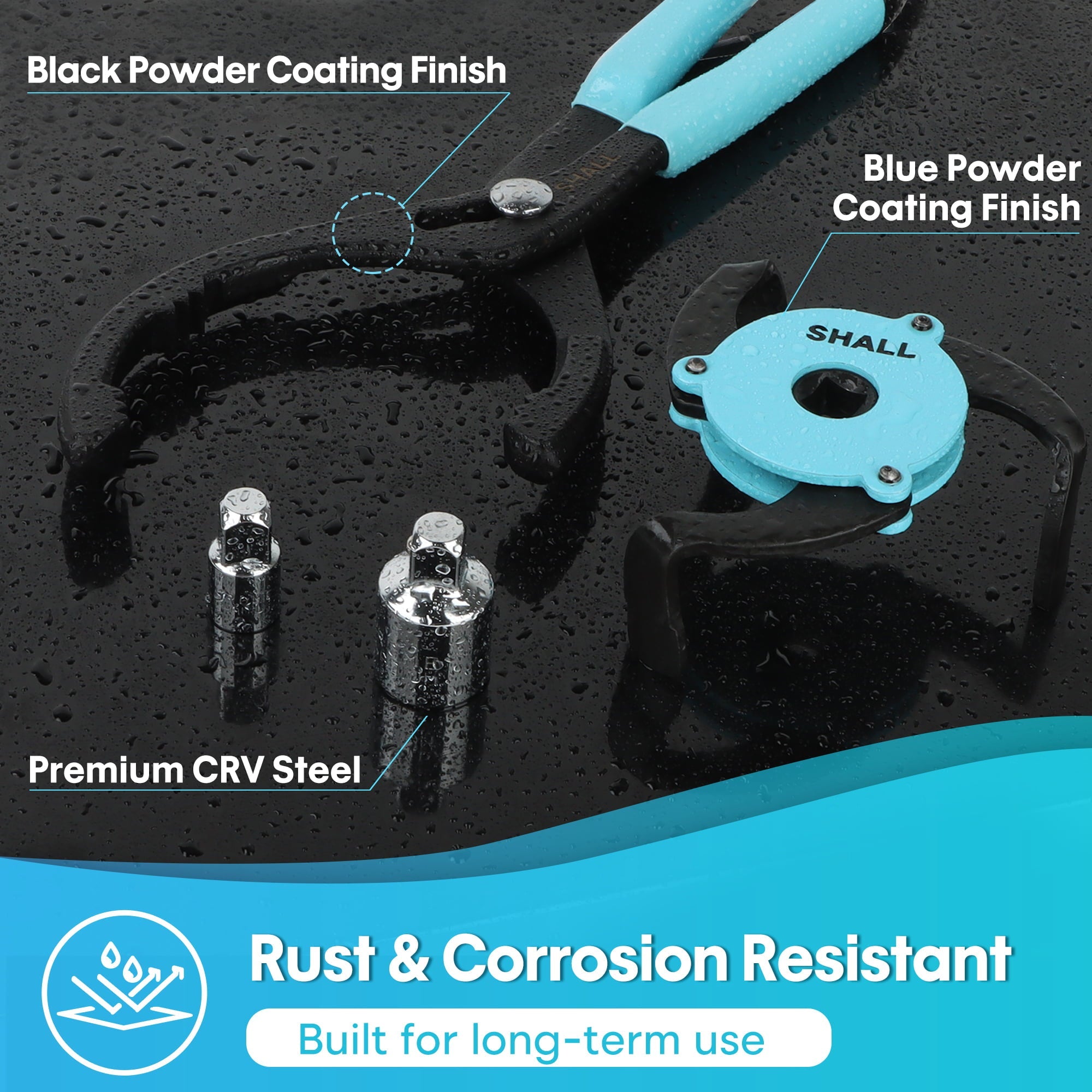 SHALL Oil Filter Wrench, 4PC Oil Filter Removal Tool, 12 Inch Adjustable Metal Oil Filter Pliers, 2PC Adapters, 2-Pack PVC Gloves