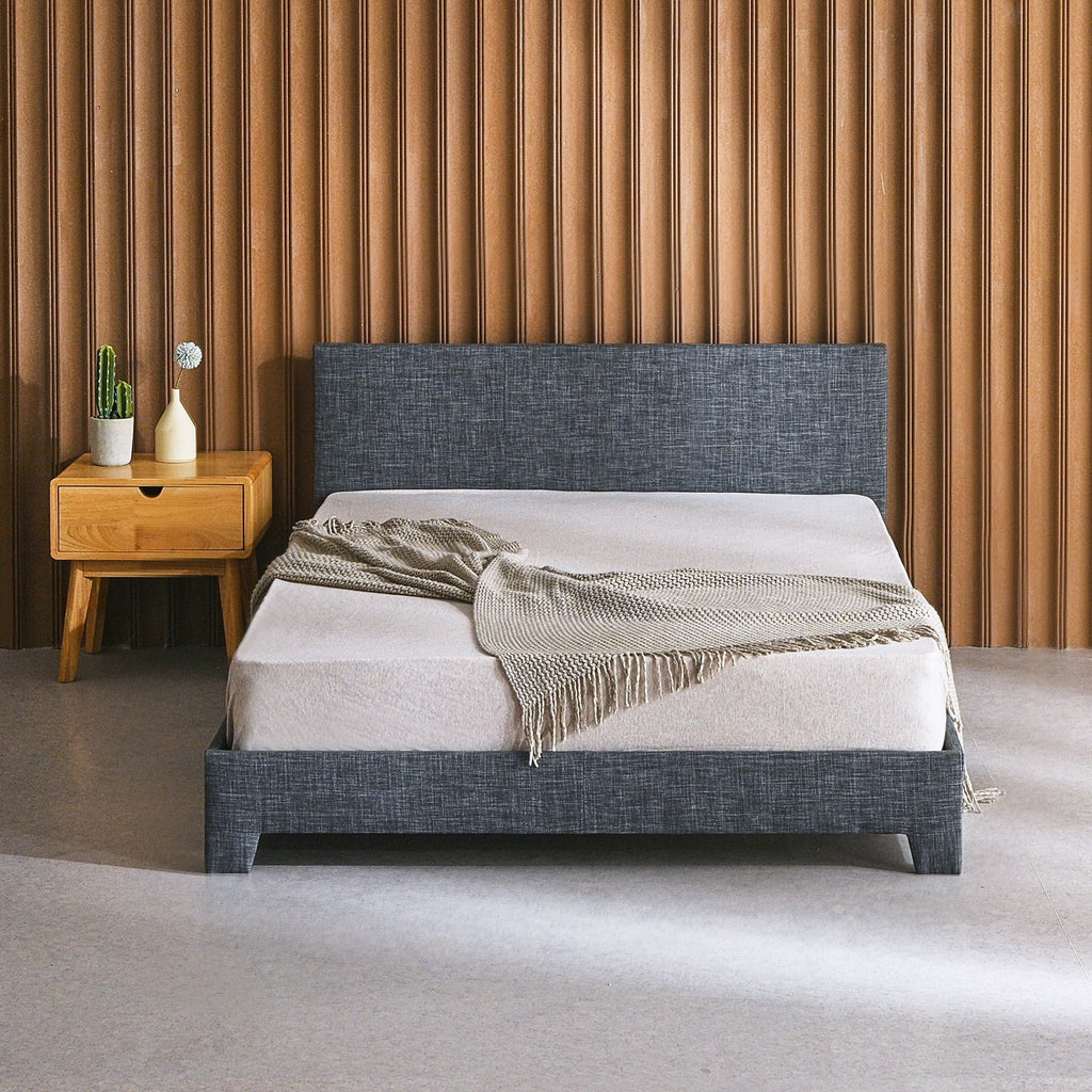 Bestco Sturdy Full Bed Platform with Headboard Steel Frame Wood Slats 635lb Cap, Gray