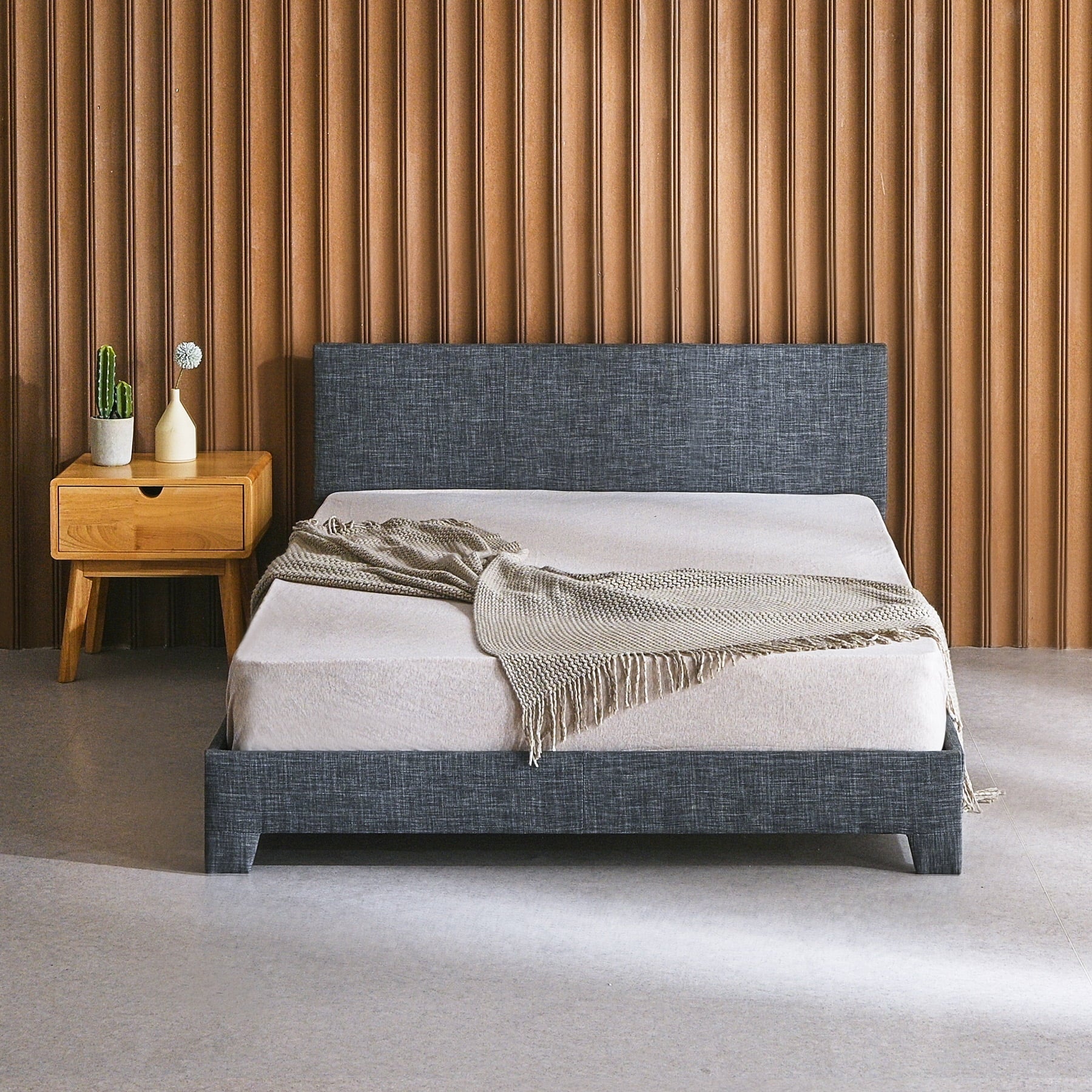 Bestco Sturdy Full Bed Platform with Headboard Steel Frame Wood Slats 635lb Cap, Gray